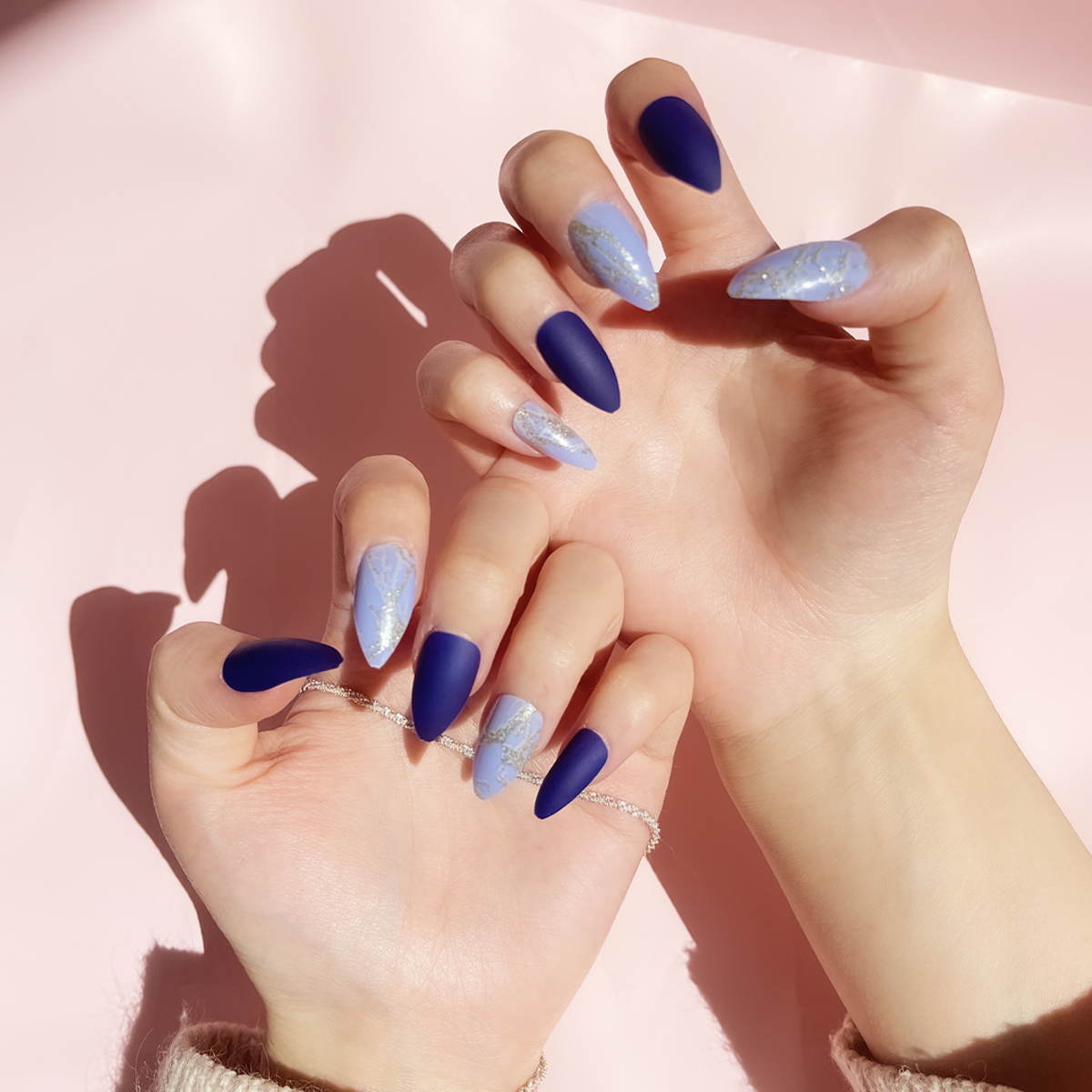 24 PCS PRESS ON NAIL TIPS STILETTO SHAPE BLUE MATTE WITH GOLD GLITTER full figure