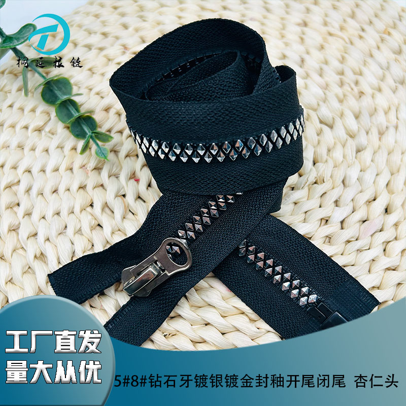 No. 5, No. 8 Resin Zipper, Diamond Teeth, Silver-Plated, Gold-Plated, Glazed, Open Tail, Closed Tail, Almond Head