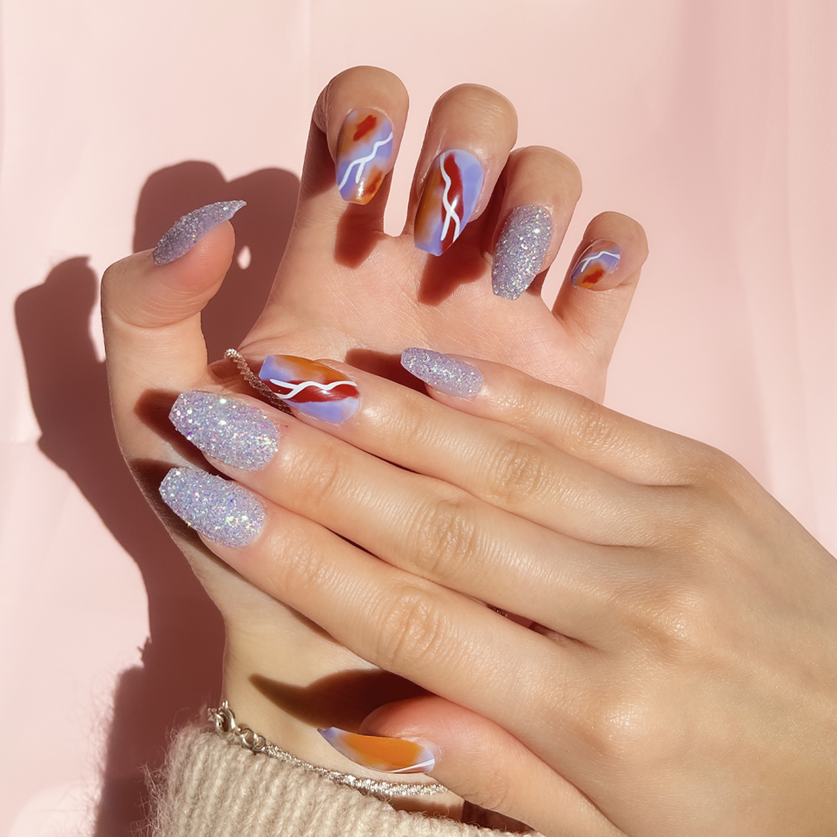 24 PCS PRESS ON NAIL TIPS COFFIN SHAPE WITH PURPLE GLITTER full figure