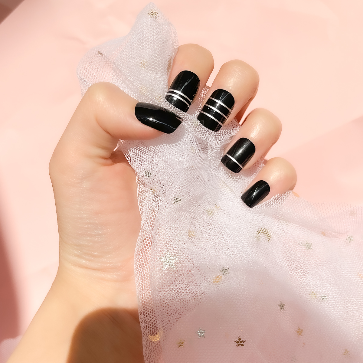 24 PCS PRESS ON NAIL TIPS SQUARE SHAPE SLIVERY LINE EFFECT details Picture