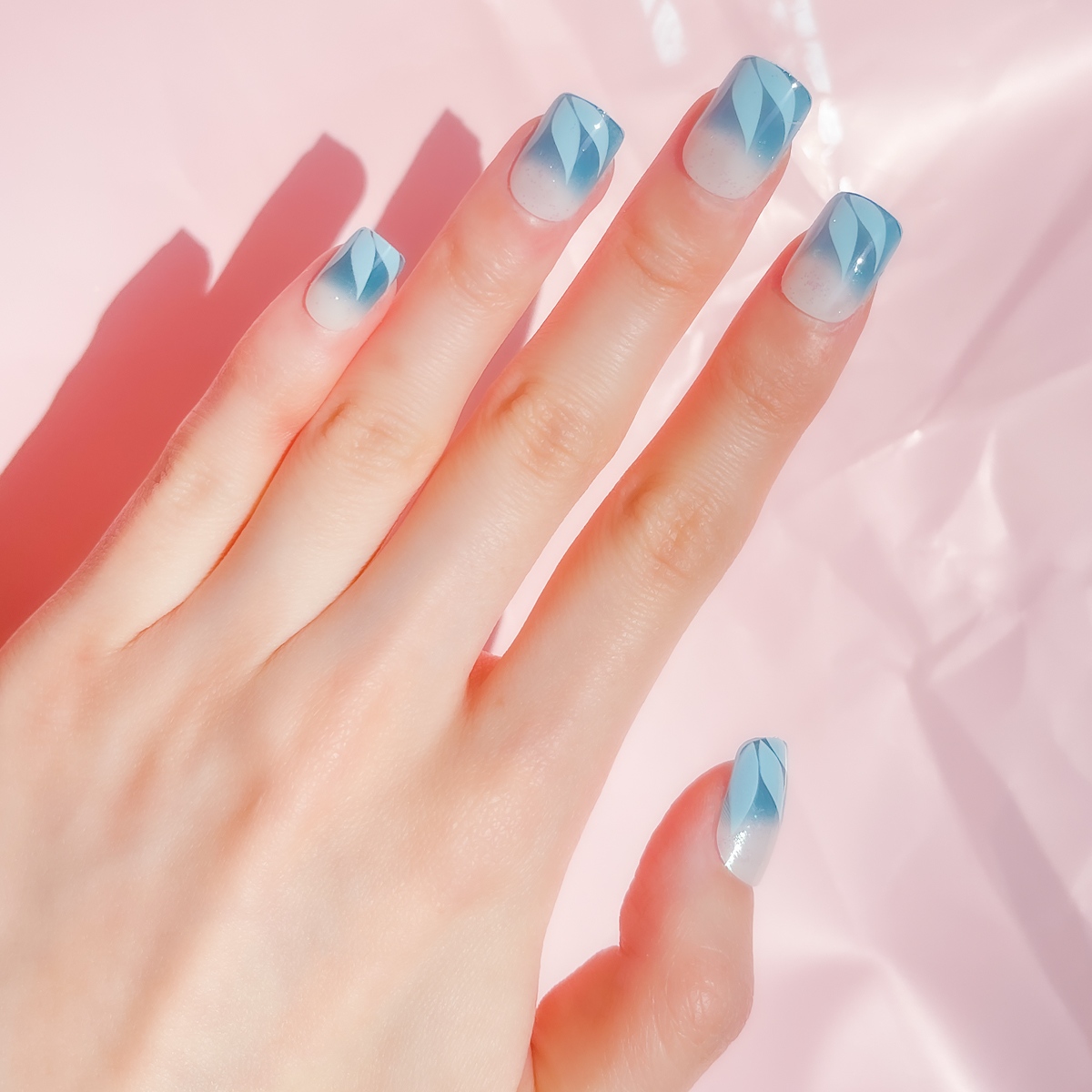 24 PCS PRESS ON NAIL TIPS SQUARE SHAPE BLUE PEARL AND BLUE LEAVES details Picture