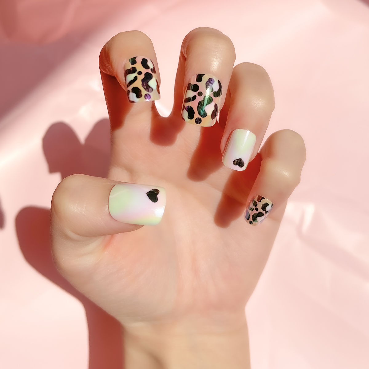 24 PCS PRESS ON NAIL TIPS SQUARE SHAPE LEOPARD PRINT PEARL PATTERN full figure
