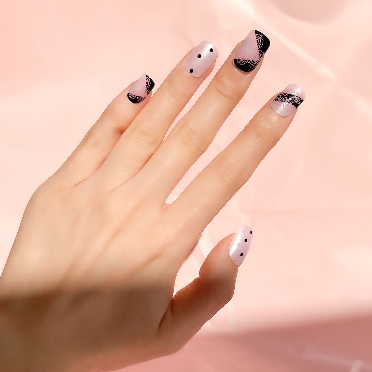24 PCS PRESS ON NAIL TIPS SQUARE SHAPE LINE ROSE AND POLKA DOT PATTERN details Picture