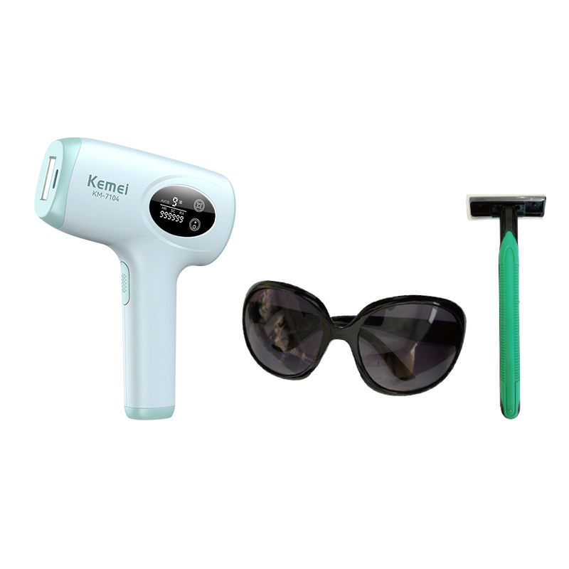 The Kemei Km-7104 Laser Hair Removal Device Comes With A Pair Of Glasses And A Razor. It Is A High-Energy, 9-Speed Adjustable Ice-Point Hair Removal Small Appliance And A Hair Removal Beauty Instrument Application Scenario