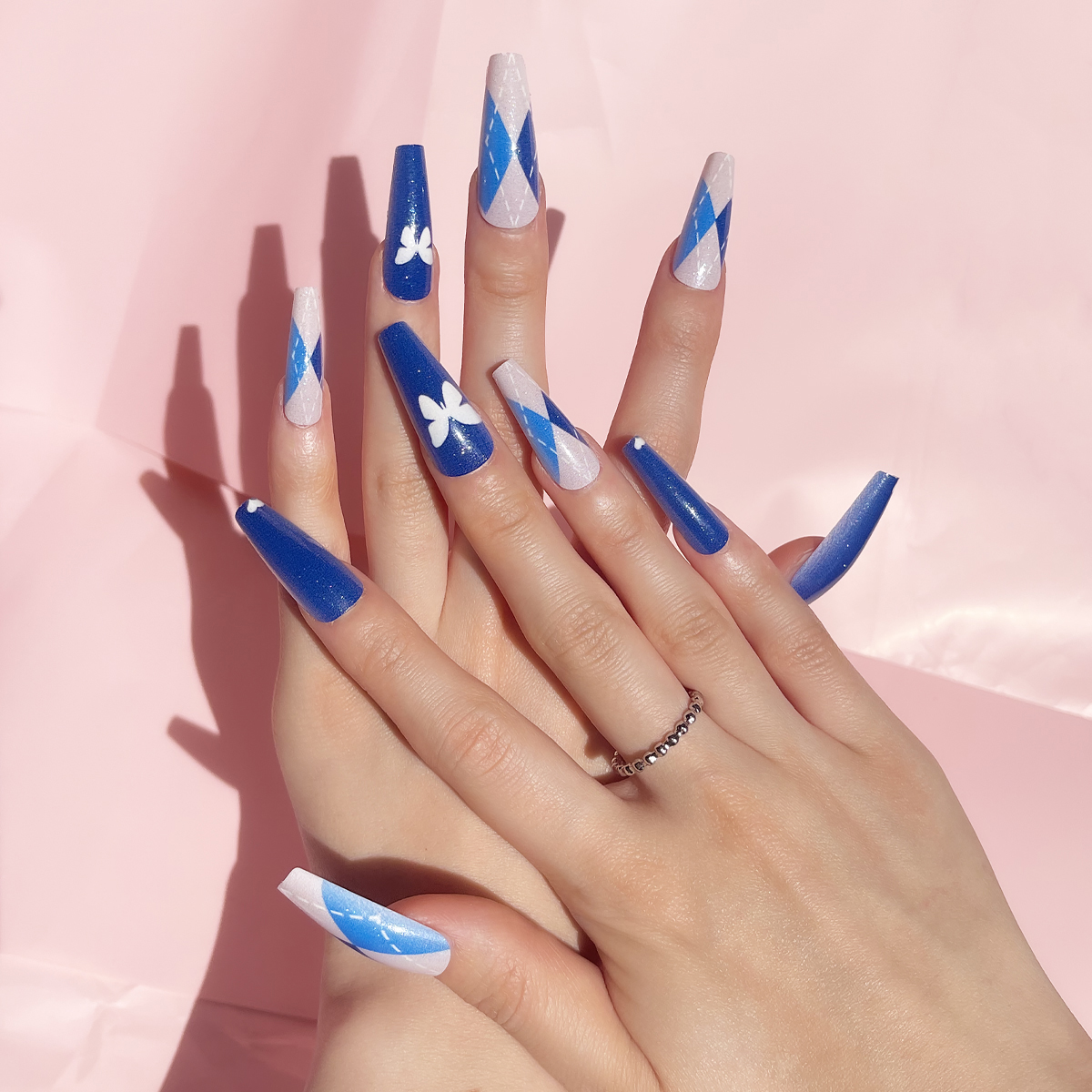24 PCS PRESS ON NAIL TIPS LONG COFFIN SHAPE BUTTERFLY PEARLESCENT EFFECT Specification drawing