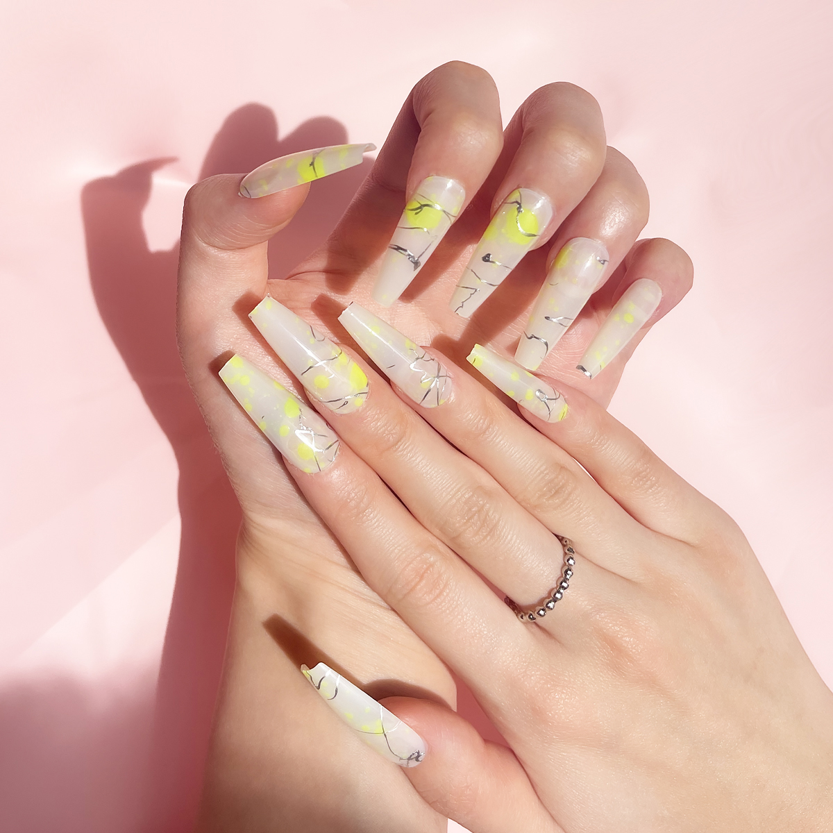 24 PCS PRESS ON NAIL TIPS LONG COFFIN SHAPE SLIVERY LINES AND YELLOW DOTS details Picture