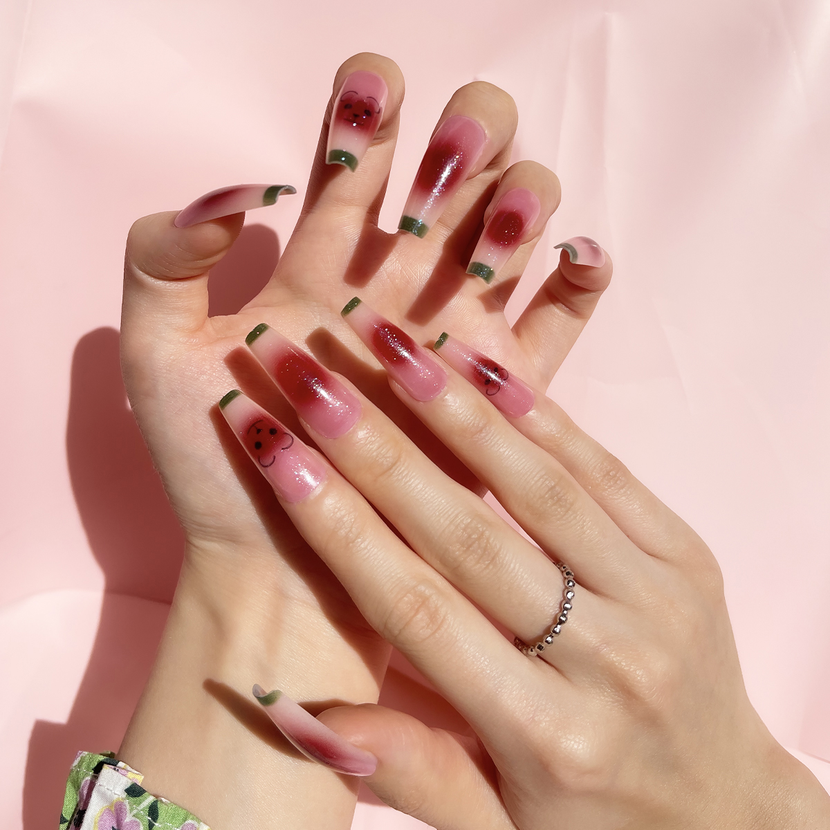 24 PCS PRESS ON NAIL TIPS LONG COFFIN SHAPE NAIL POWDER BLUSHER full figure