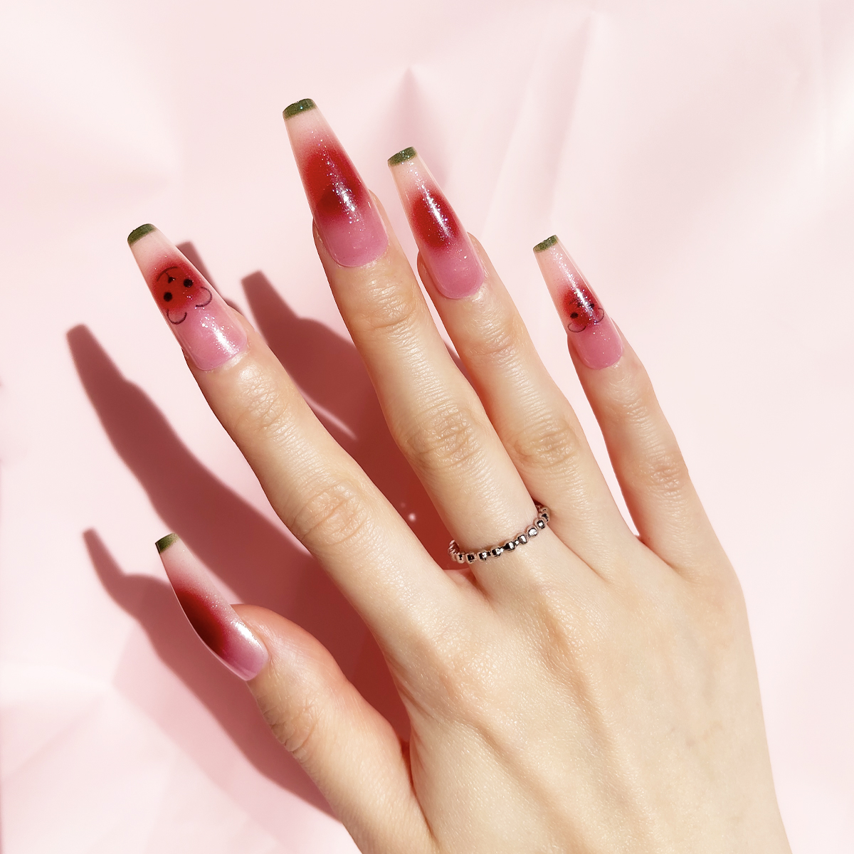 24 PCS PRESS ON NAIL TIPS LONG COFFIN SHAPE NAIL POWDER BLUSHER details Picture