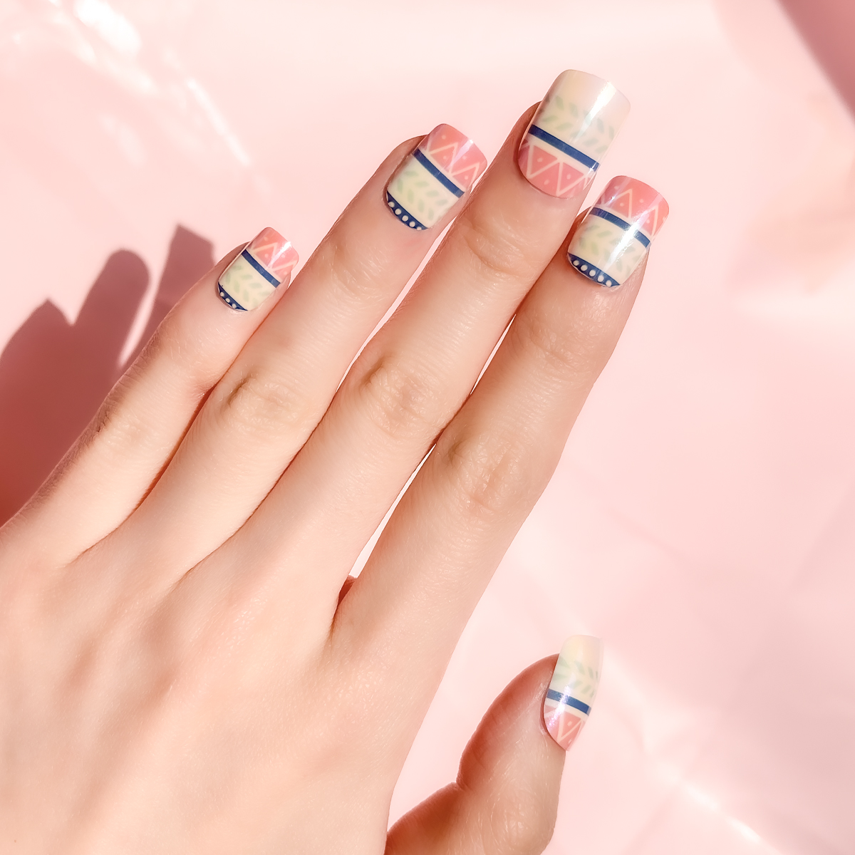 24 PCS PRESS ON NAIL TIPS SQUARE SHAPE PINK WHITE PEARL COLOR SCHEME details Picture
