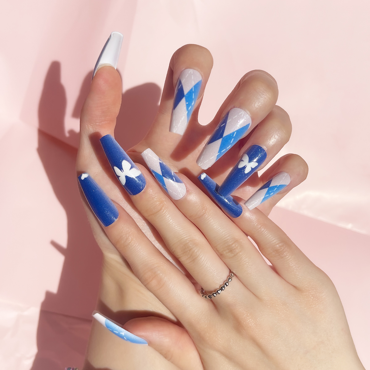 24 PCS PRESS ON NAIL TIPS LONG COFFIN SHAPE BUTTERFLY PEARLESCENT EFFECT details Picture