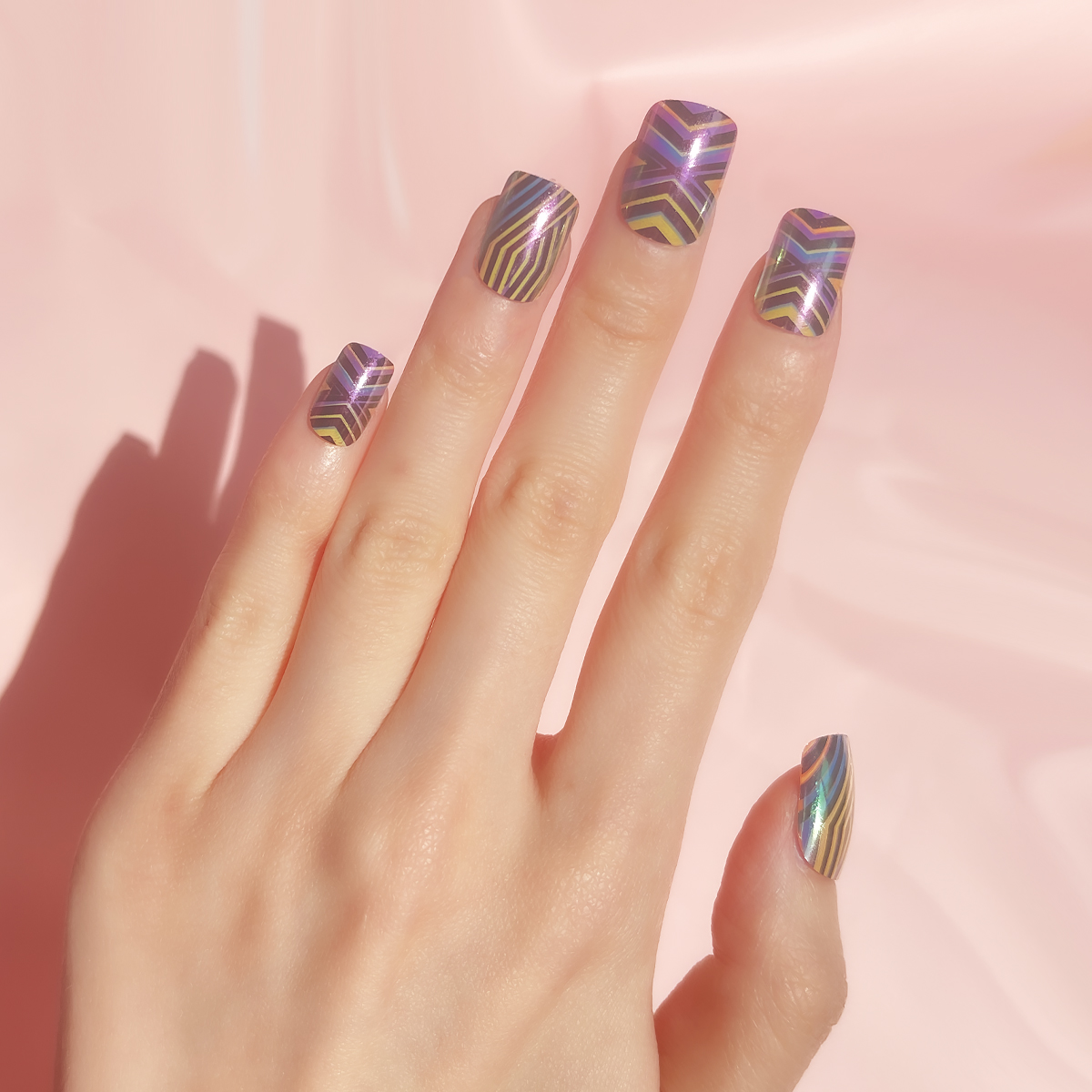 24 PCS PRESS ON NAIL TIPS SQUARE SHAPE COLORFUL LINES  details Picture