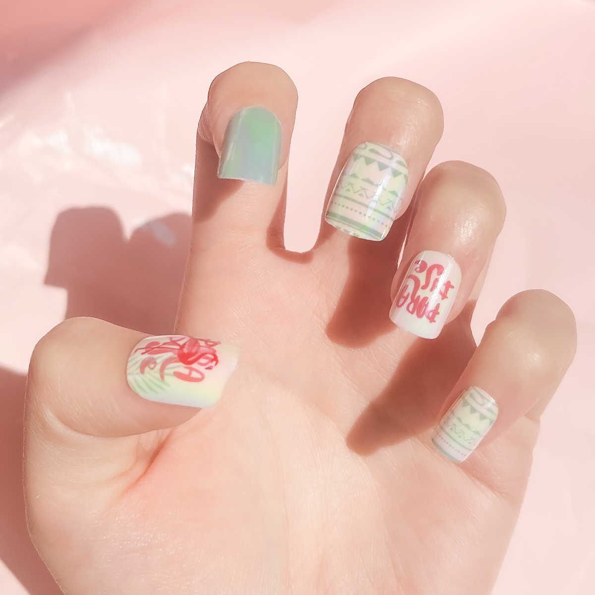 24 PCS PRESS ON NAIL TIPS SQUARE SHAPE PINK LETTER PEARL full figure