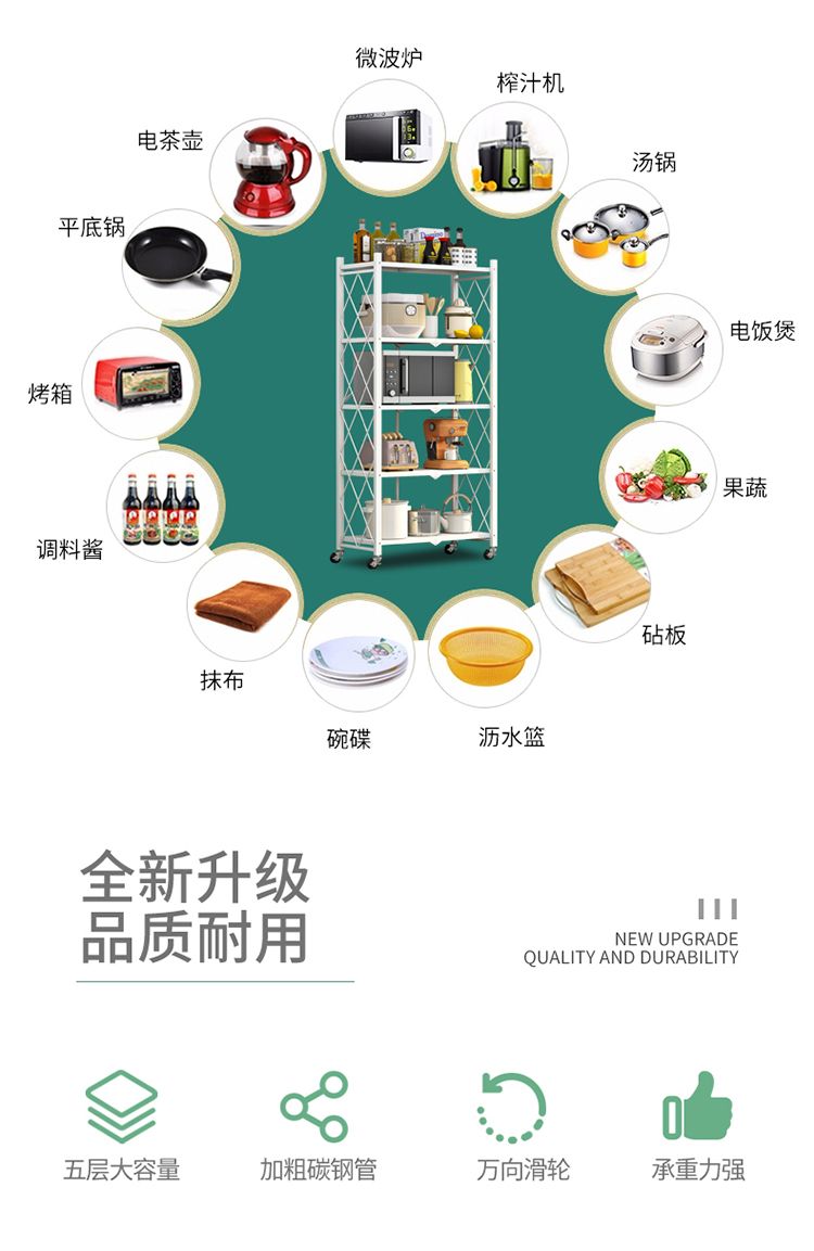 折叠置物架免安装可折叠厨房置物架书架客厅置物架可移动多功能详情3