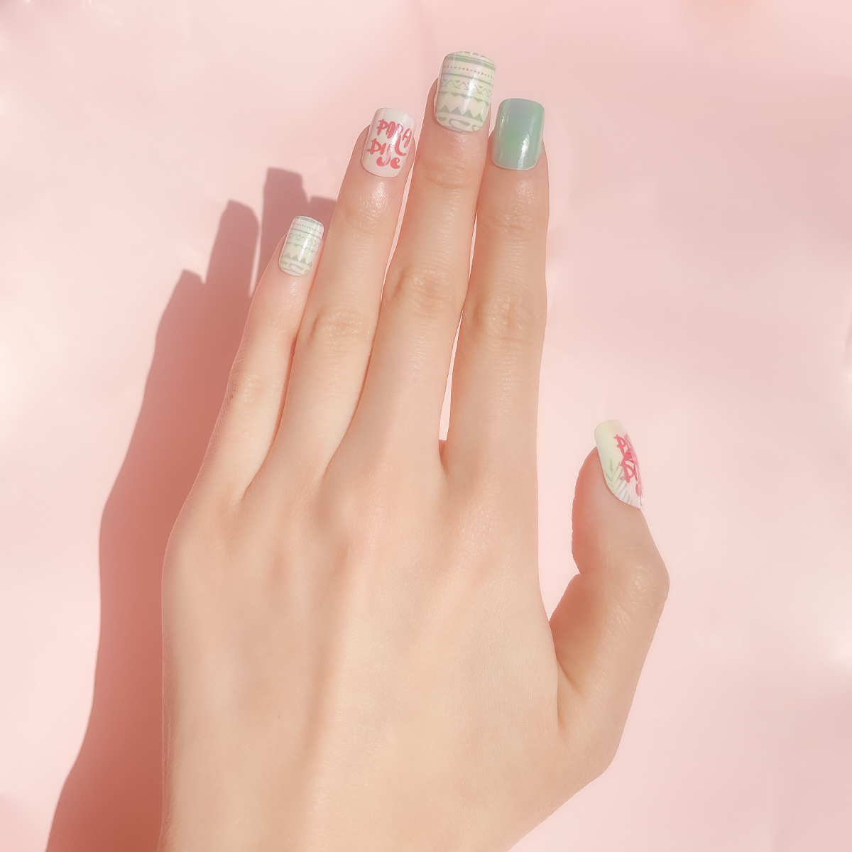 24 PCS PRESS ON NAIL TIPS SQUARE SHAPE PINK LETTER PEARL details Picture