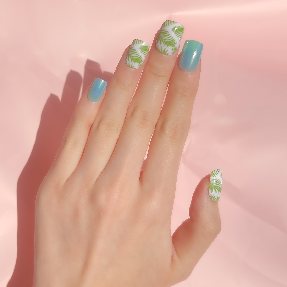 24 PCS PRESS ON NAIL TIPS SQUARE SHAPE GREEN LEAVES details Picture
