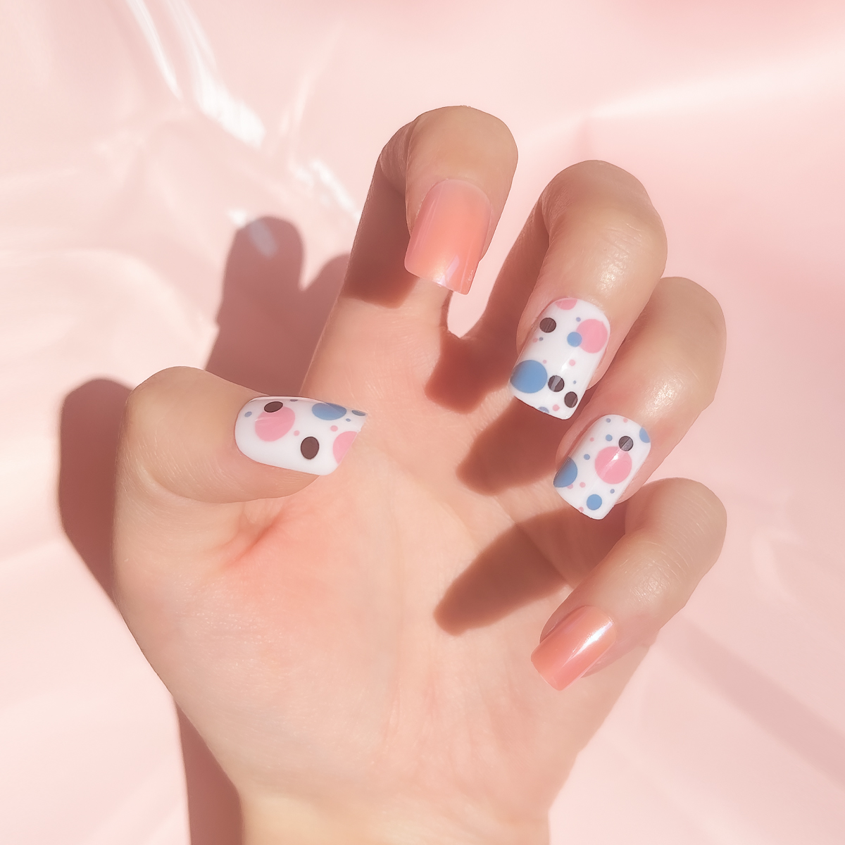 24 PCS PRESS ON NAIL TIPS SQUARE SHAPE COLOR WAVE POINT PINK PEARL full figure