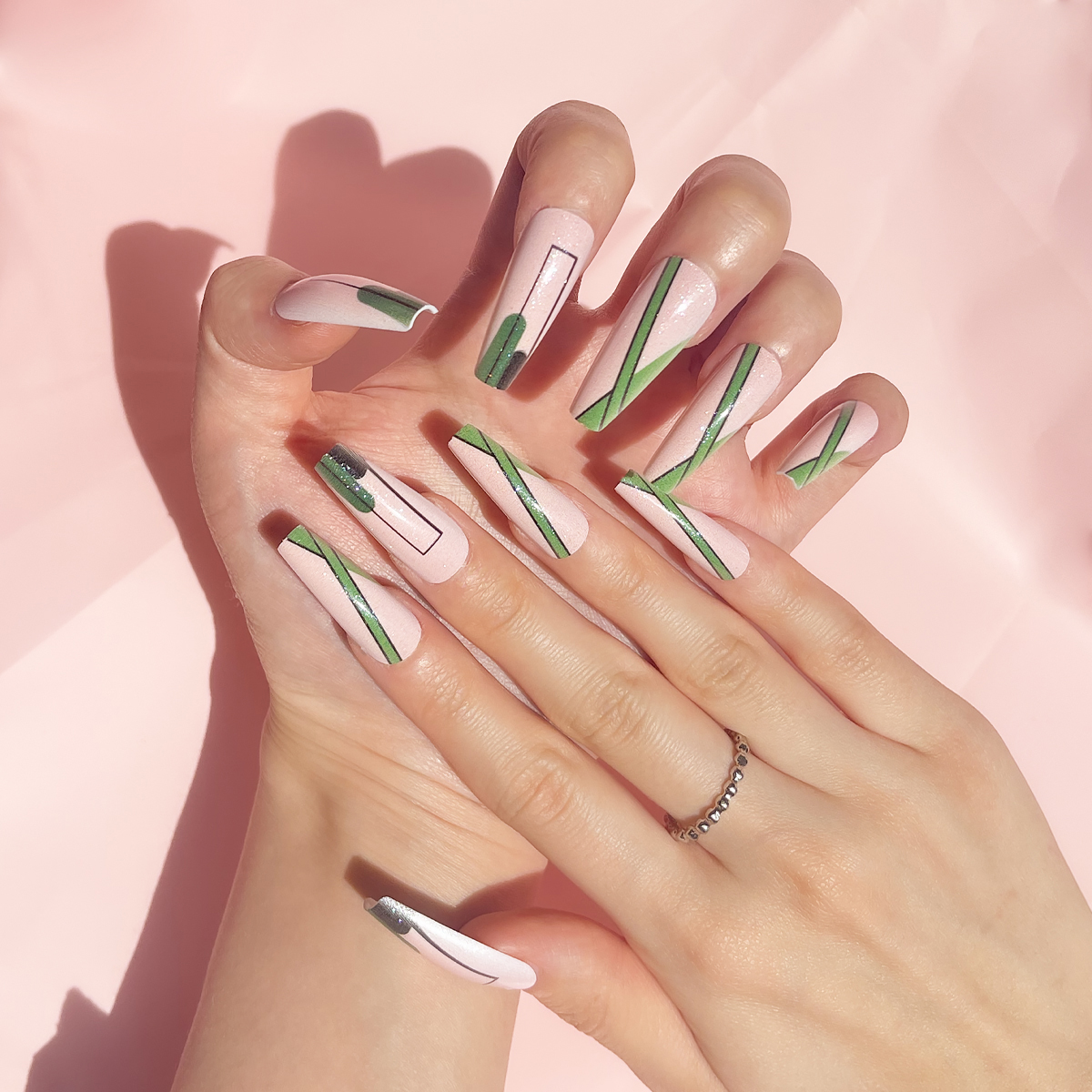 24 PCS PRESS ON NAIL TIPS LONG COFFIN SHAPE GREEN LINES AND PEARL COLOR details Picture