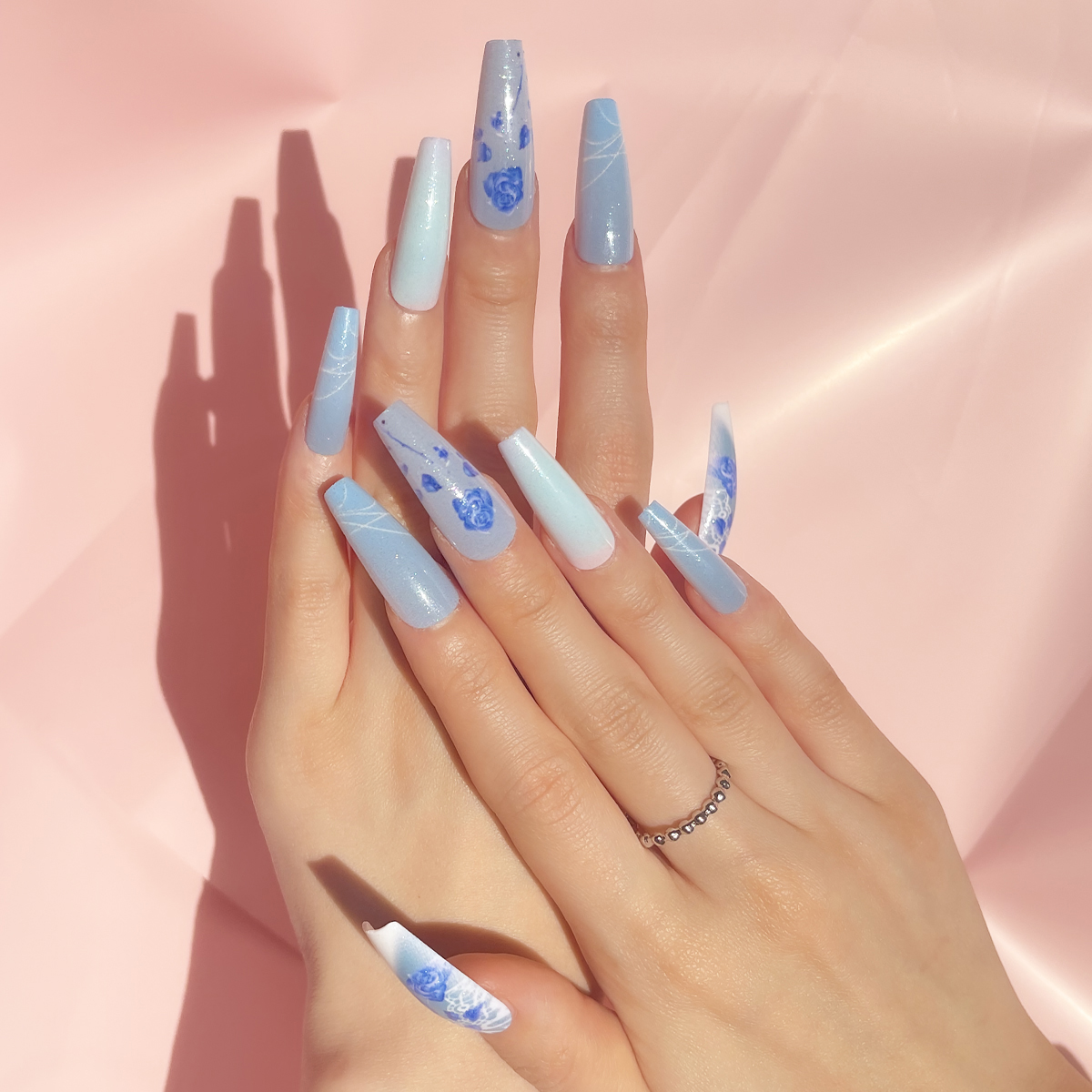 24 PCS PRESS ON NAIL TIPS LONG COFFIN SHAPE BLUE ROSE STYLE details Picture