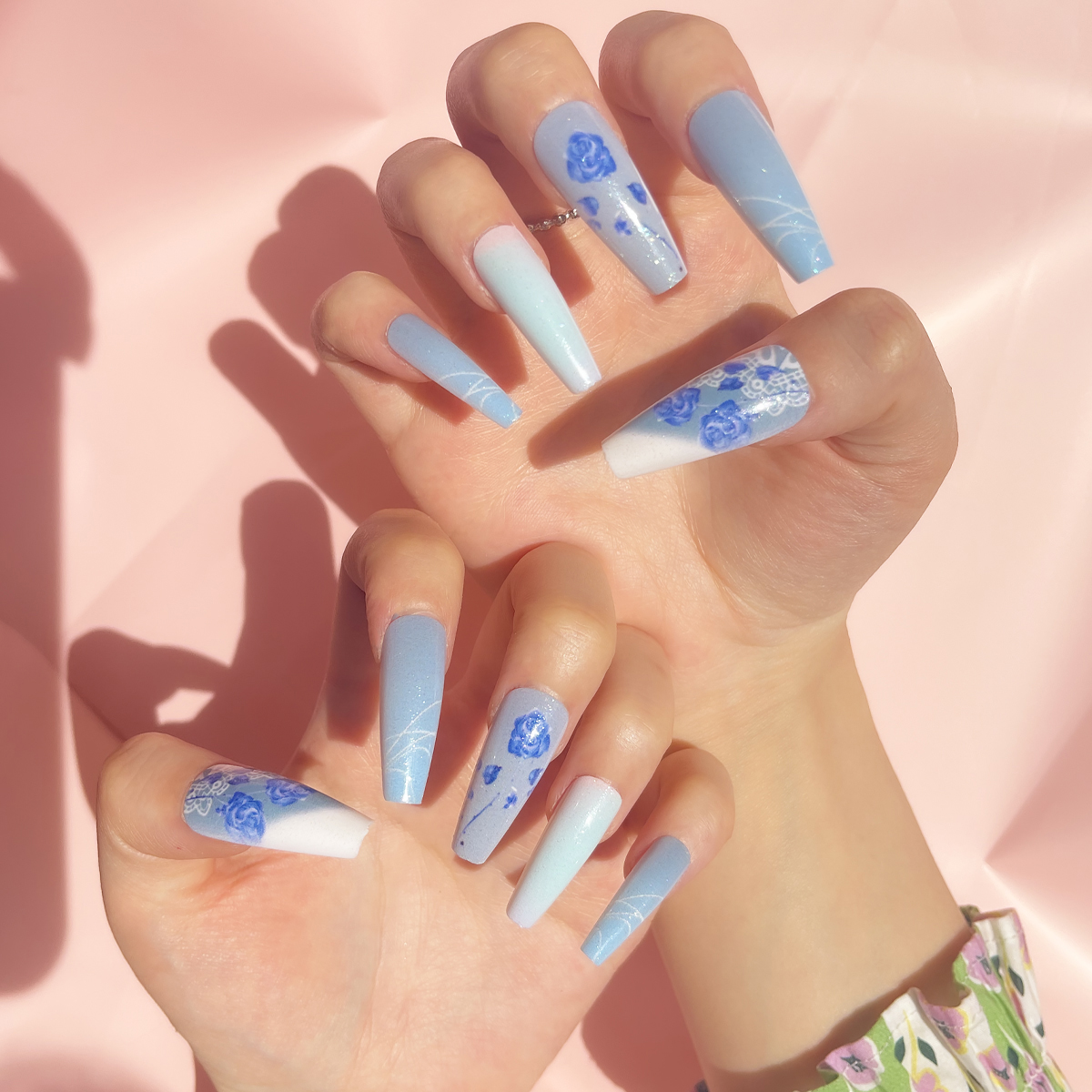 24 PCS PRESS ON NAIL TIPS LONG COFFIN SHAPE BLUE ROSE STYLE full figure