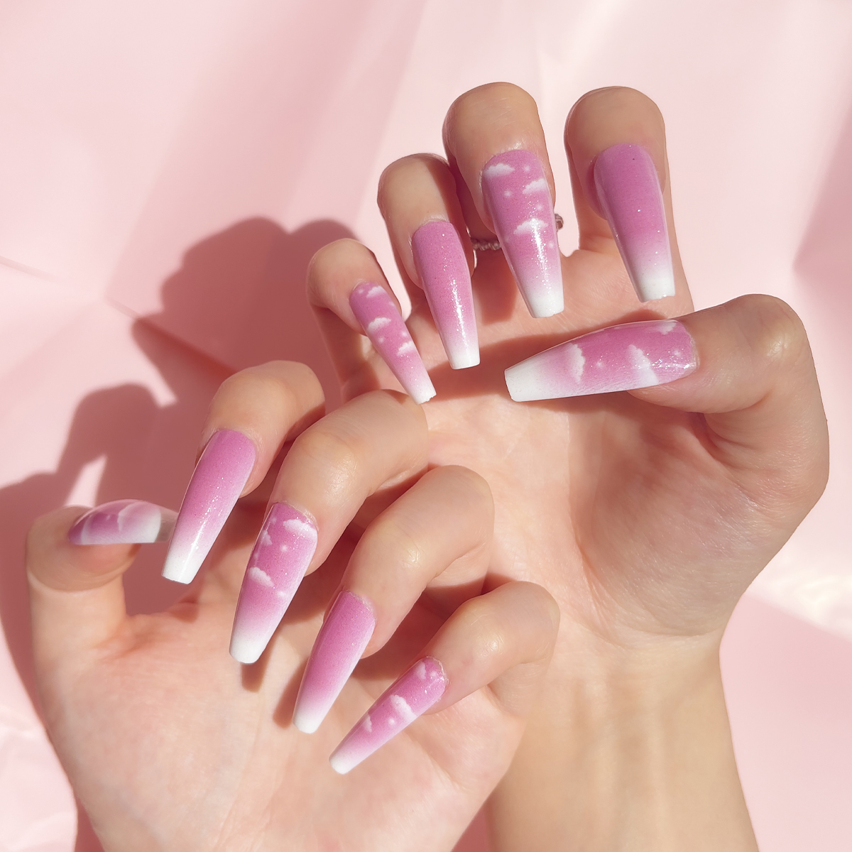 24 PCS PRESS ON NAIL TIPS LONG COFFIN SHAPE PINK AND CLOUD STYLE full figure