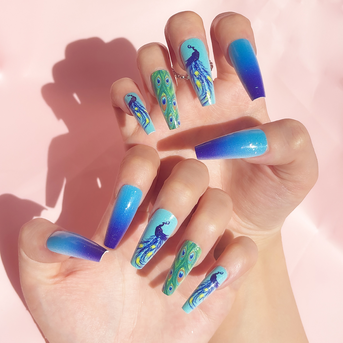 24 PCS PRESS ON NAIL TIPS LONG COFFIN SHAPE BLUE PEACOCK PATTERN full figure