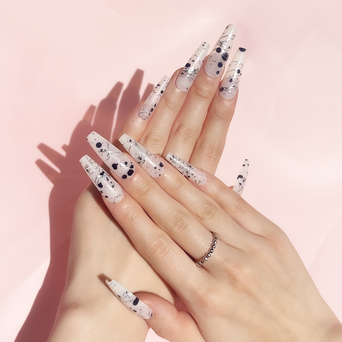 24 PCS PRESS ON NAIL TIPS LONG COFFIN SHAPE SLIVERY LINES AND BLACK DOTS details Picture