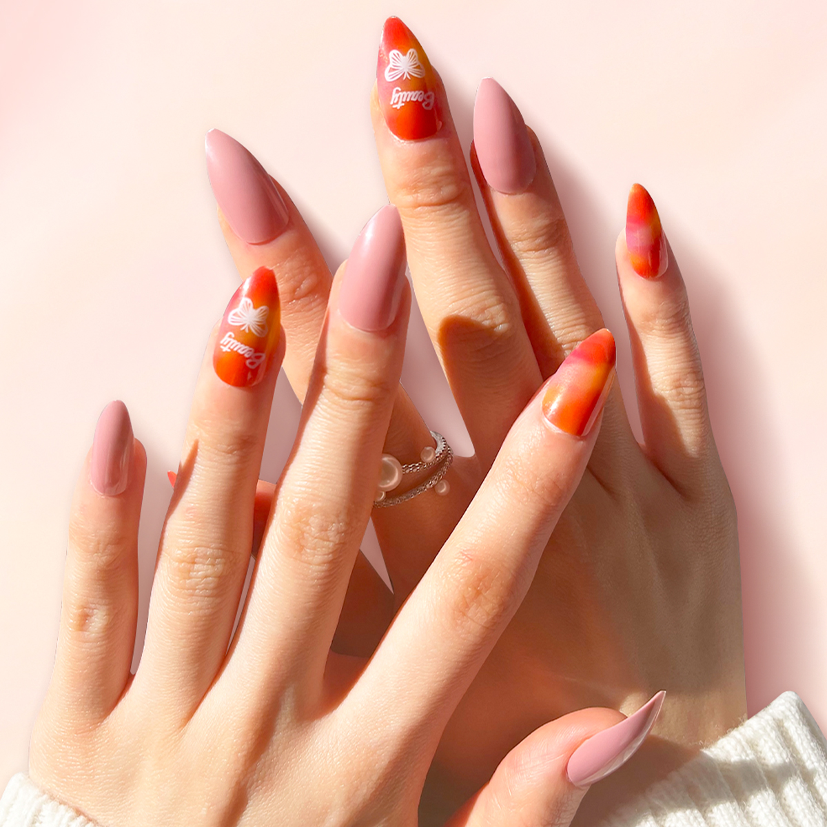 24 PCS PRESS ON NAIL TIPS STILETTO SHAPE ORANGE PINK BLENDING details Picture