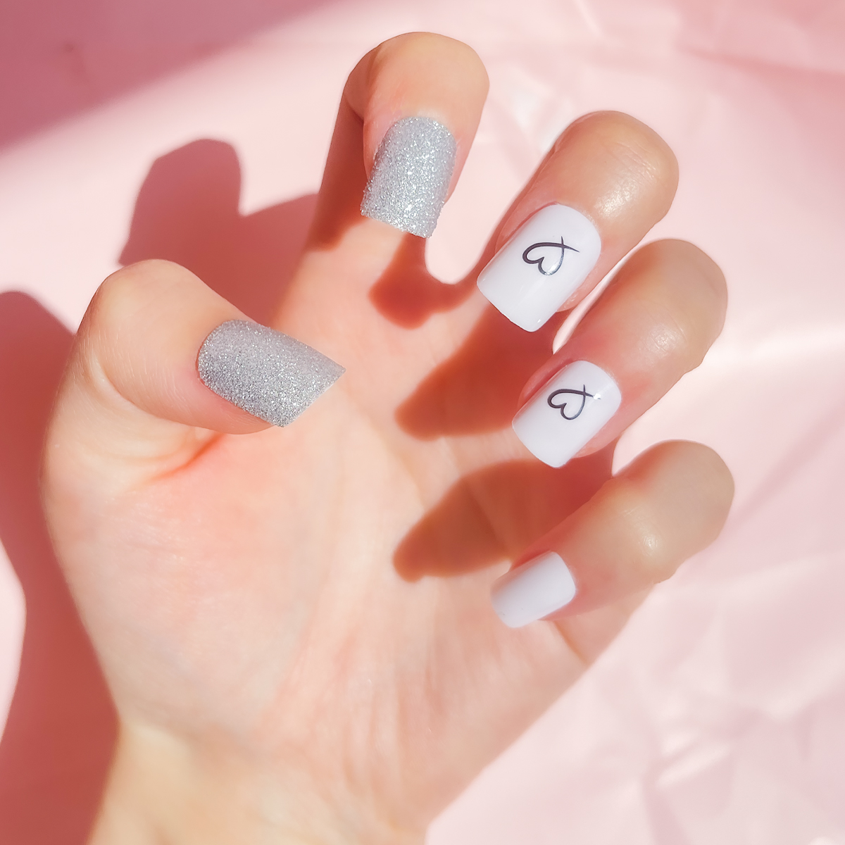 24 PCS PRESS ON NAIL TIPS SQUARE SHAPE SLIVERY GLITTER LOVE LINES full figure