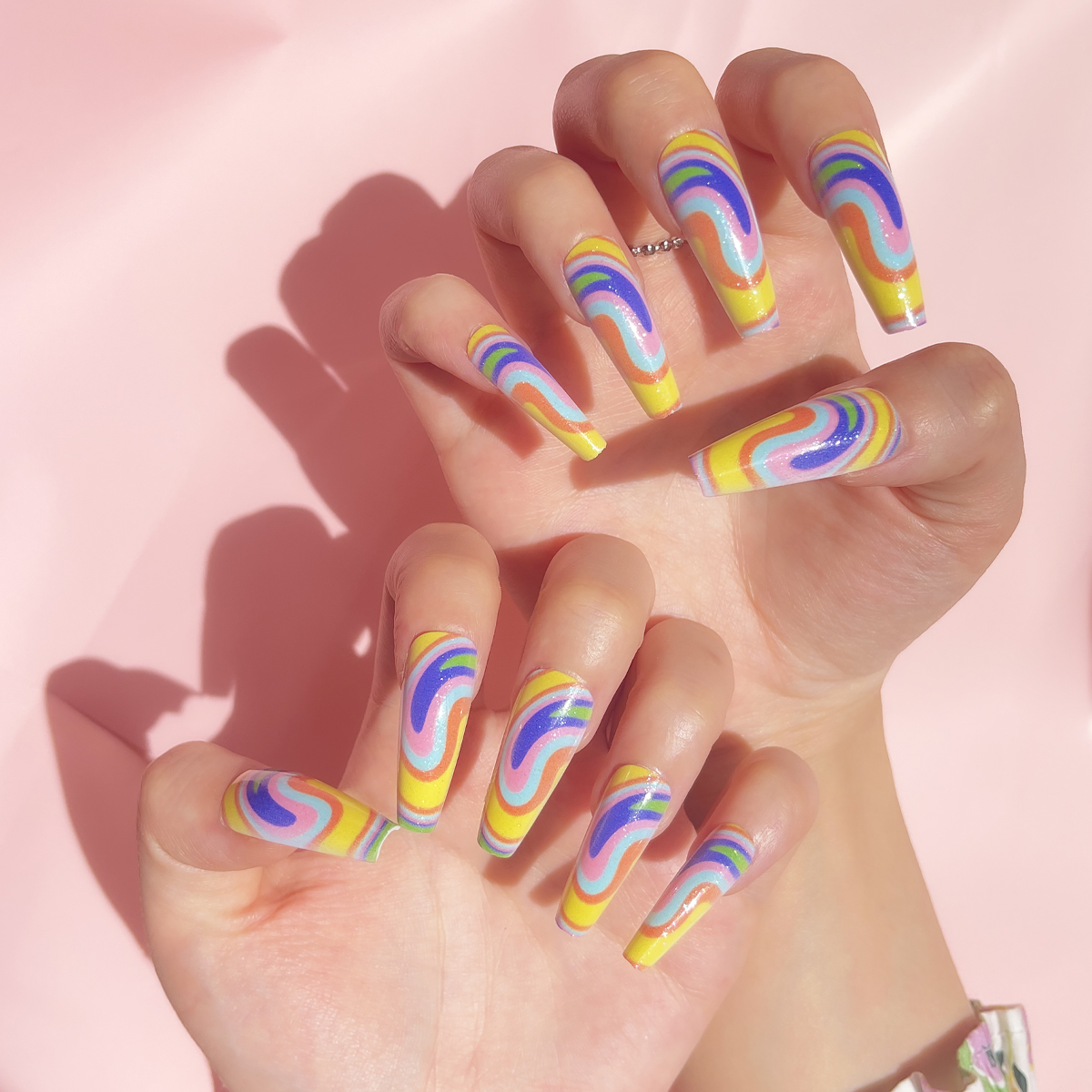 24 PCS PRESS ON NAIL TIPS LONG COFFIN SHAPE MULTICOLORED full figure