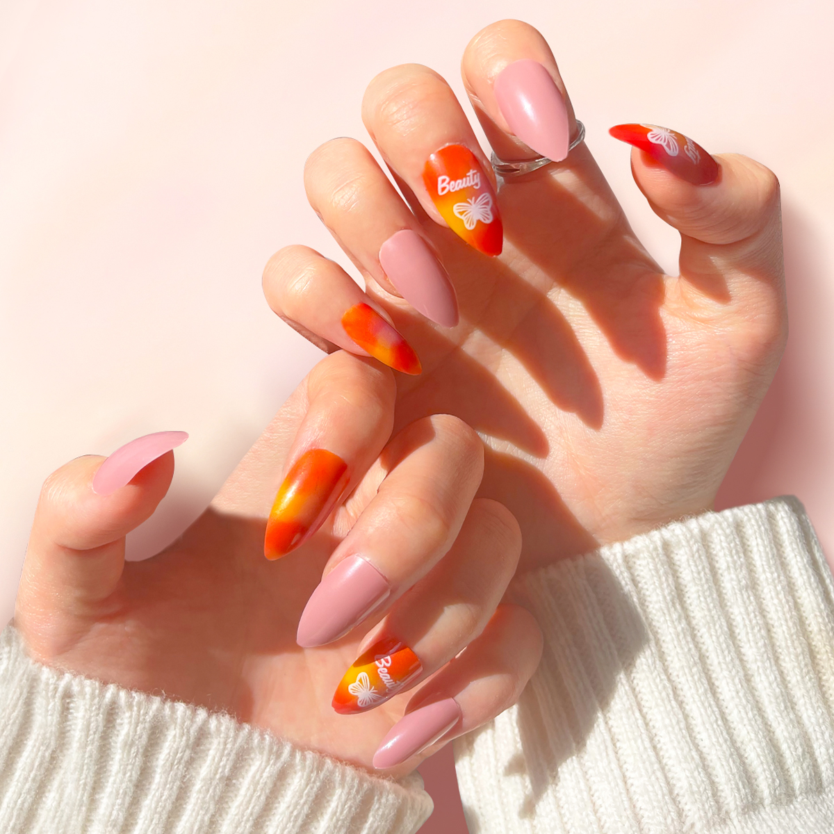 24 PCS PRESS ON NAIL TIPS STILETTO SHAPE ORANGE PINK BLENDING Specification drawing