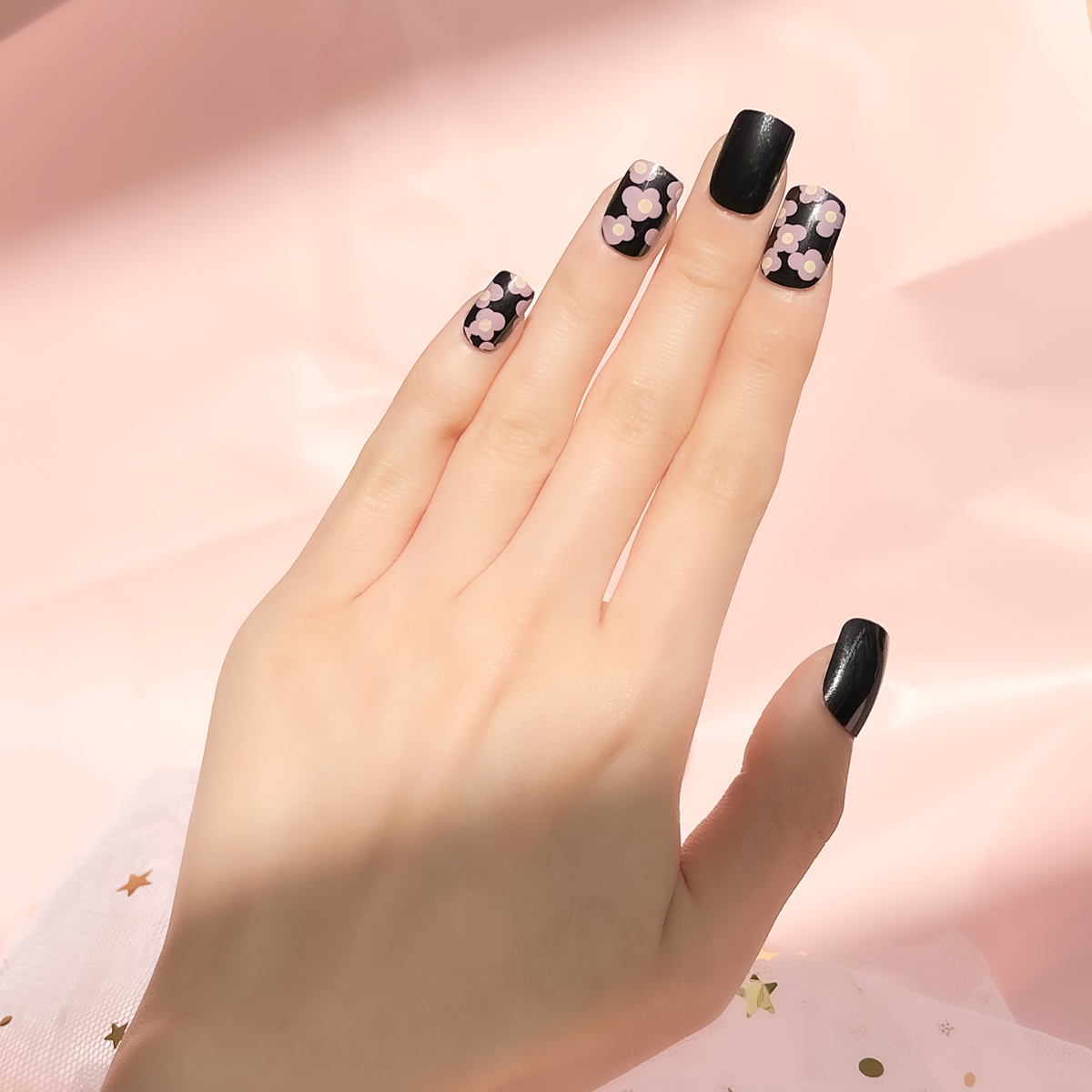 24 PCS PRESS ON NAIL TIPS SQUARE SHAPE PURPLE FLOWER PATTERN details Picture