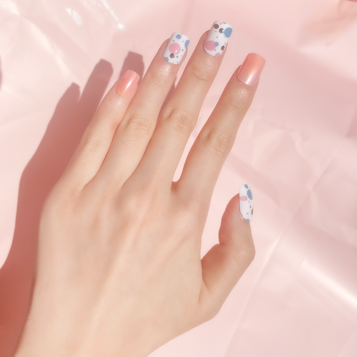 24 PCS PRESS ON NAIL TIPS SQUARE SHAPE COLOR WAVE POINT PINK PEARL details Picture