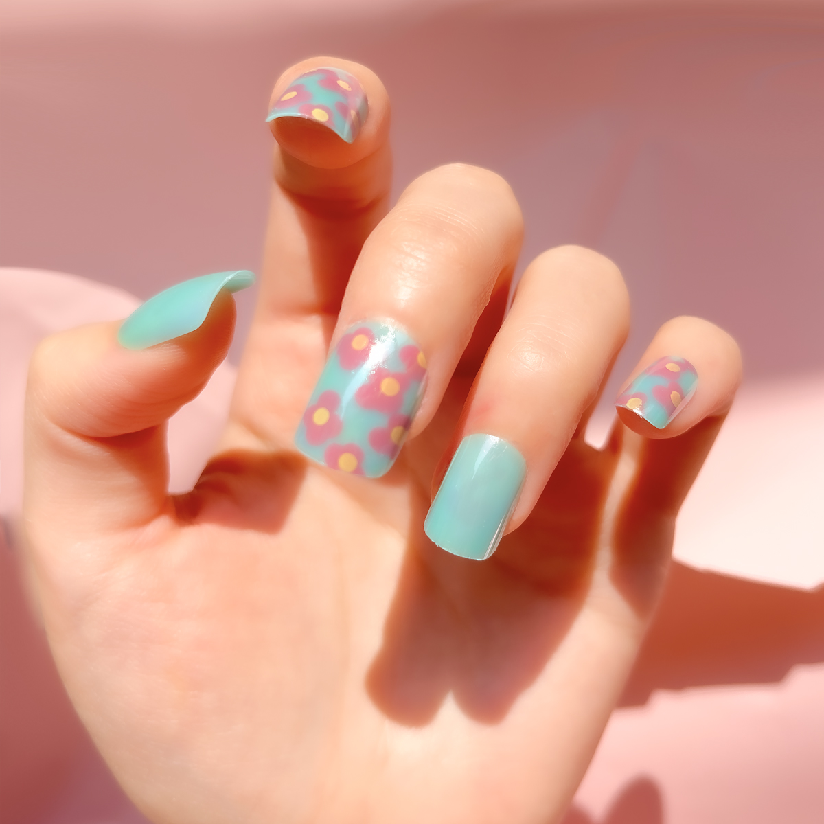 24 PCS PRESS ON NAIL TIPS SQUARE SHAPE PINK FLOWER PATTERN full figure