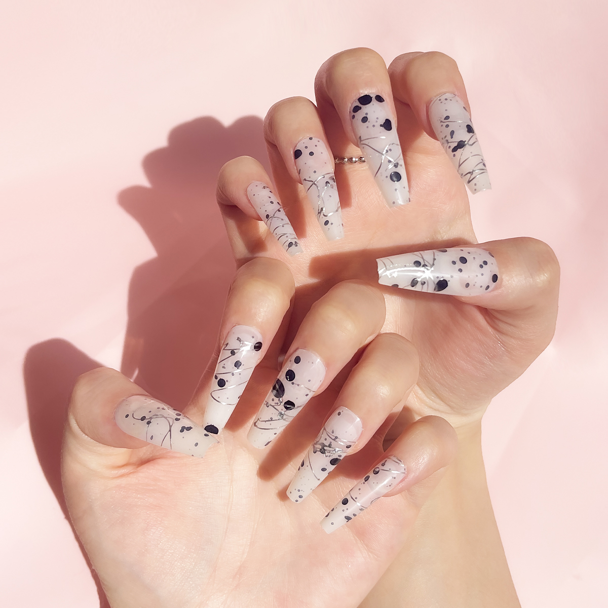24 PCS PRESS ON NAIL TIPS LONG COFFIN SHAPE SLIVERY LINES AND BLACK DOTS full figure