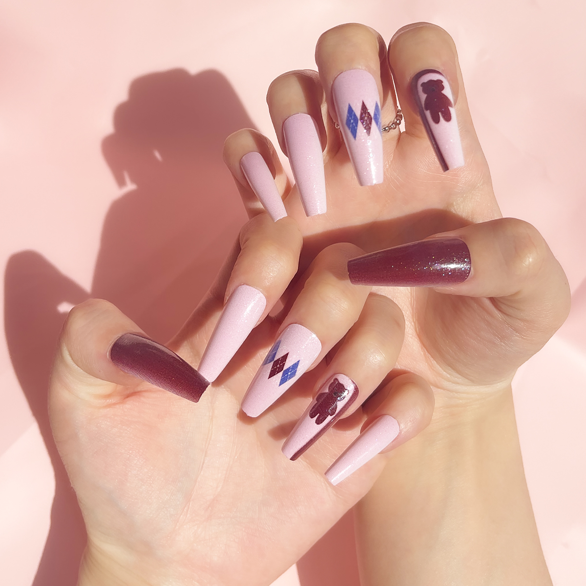 24 PCS PRESS ON NAILS LONG COFFIN SHAPE LITTLE BEAR PATTERN full figure