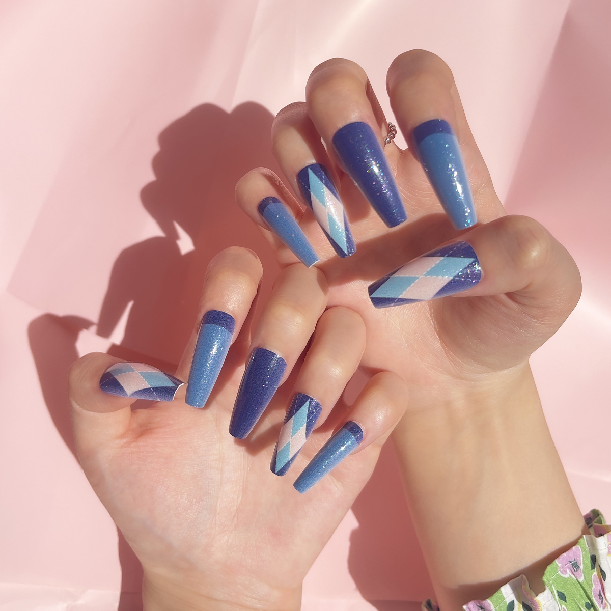 24 PCS PRESS ON NAIL TIPS LONG COFFIN SHAPE PEARLESCENT EFFECT full figure