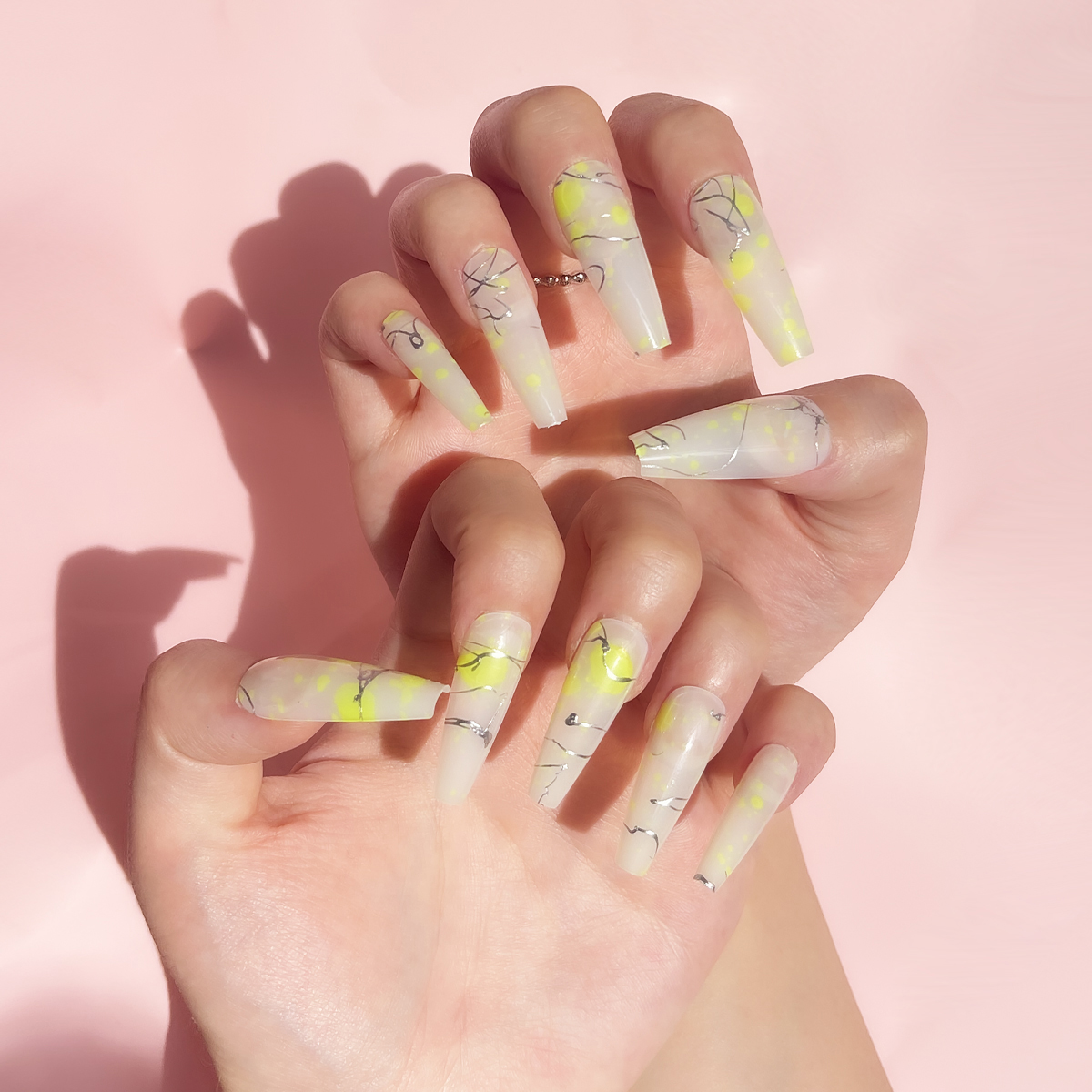 24 PCS PRESS ON NAIL TIPS LONG COFFIN SHAPE SLIVERY LINES AND YELLOW DOTS full figure