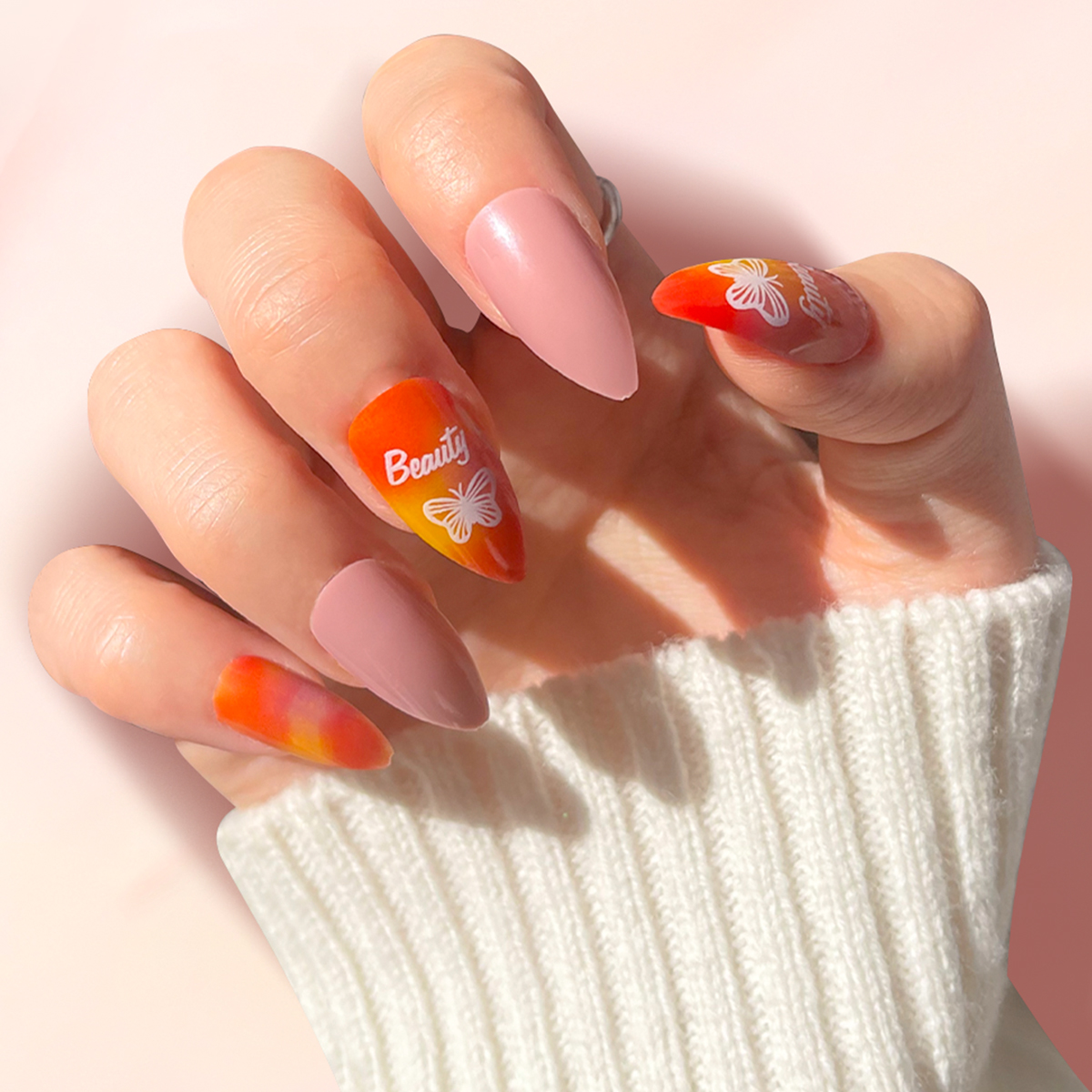 24 PCS PRESS ON NAIL TIPS STILETTO SHAPE ORANGE PINK BLENDING full figure