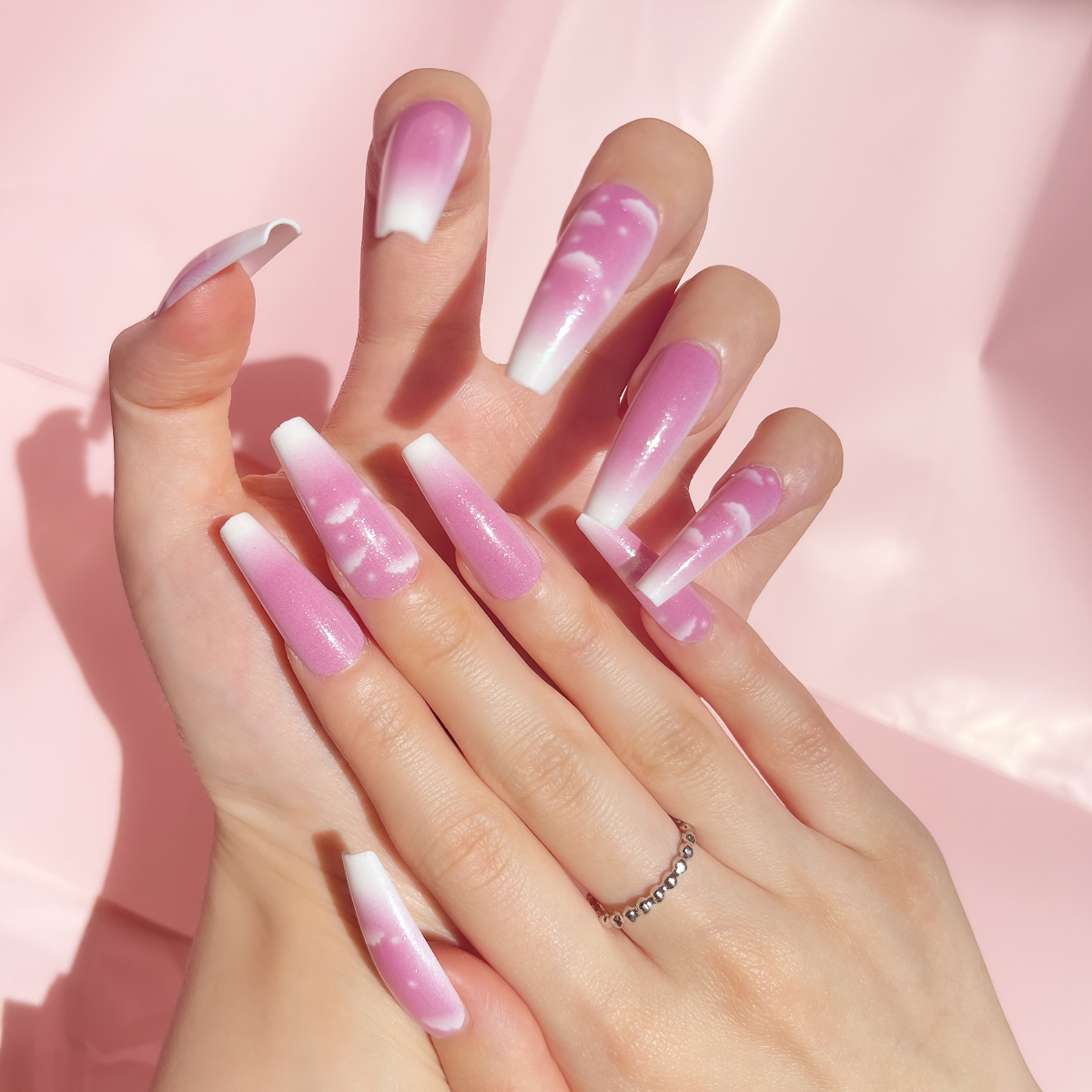24 PCS PRESS ON NAIL TIPS LONG COFFIN SHAPE PINK AND CLOUD STYLE details Picture