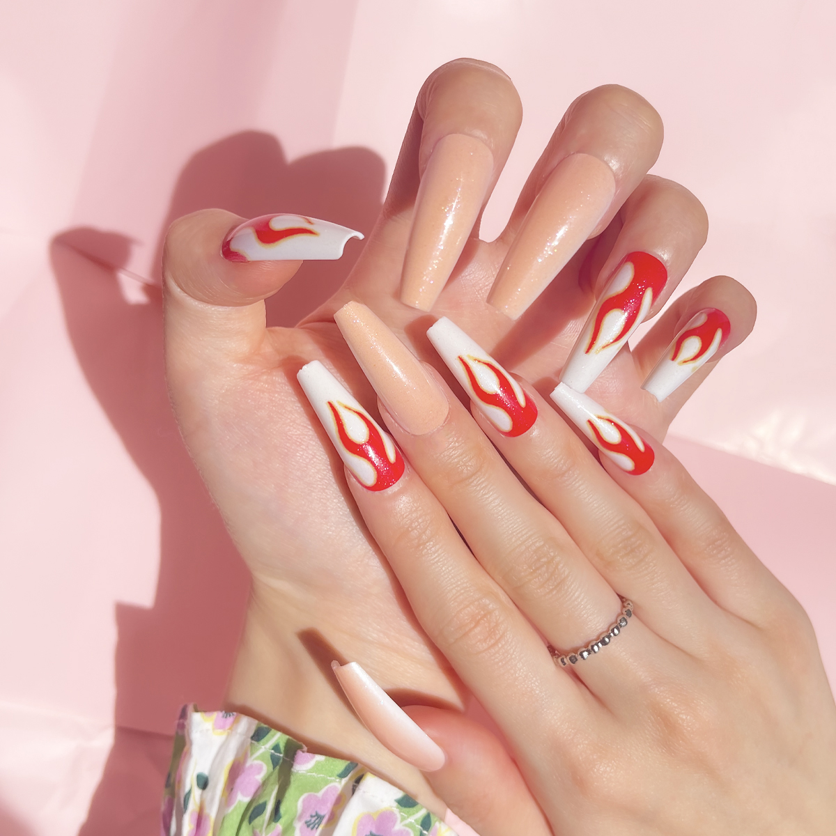 24 PCS PRESS ON NAIL TIPS LONG COFFIN SHAPE RED FIRE details Picture