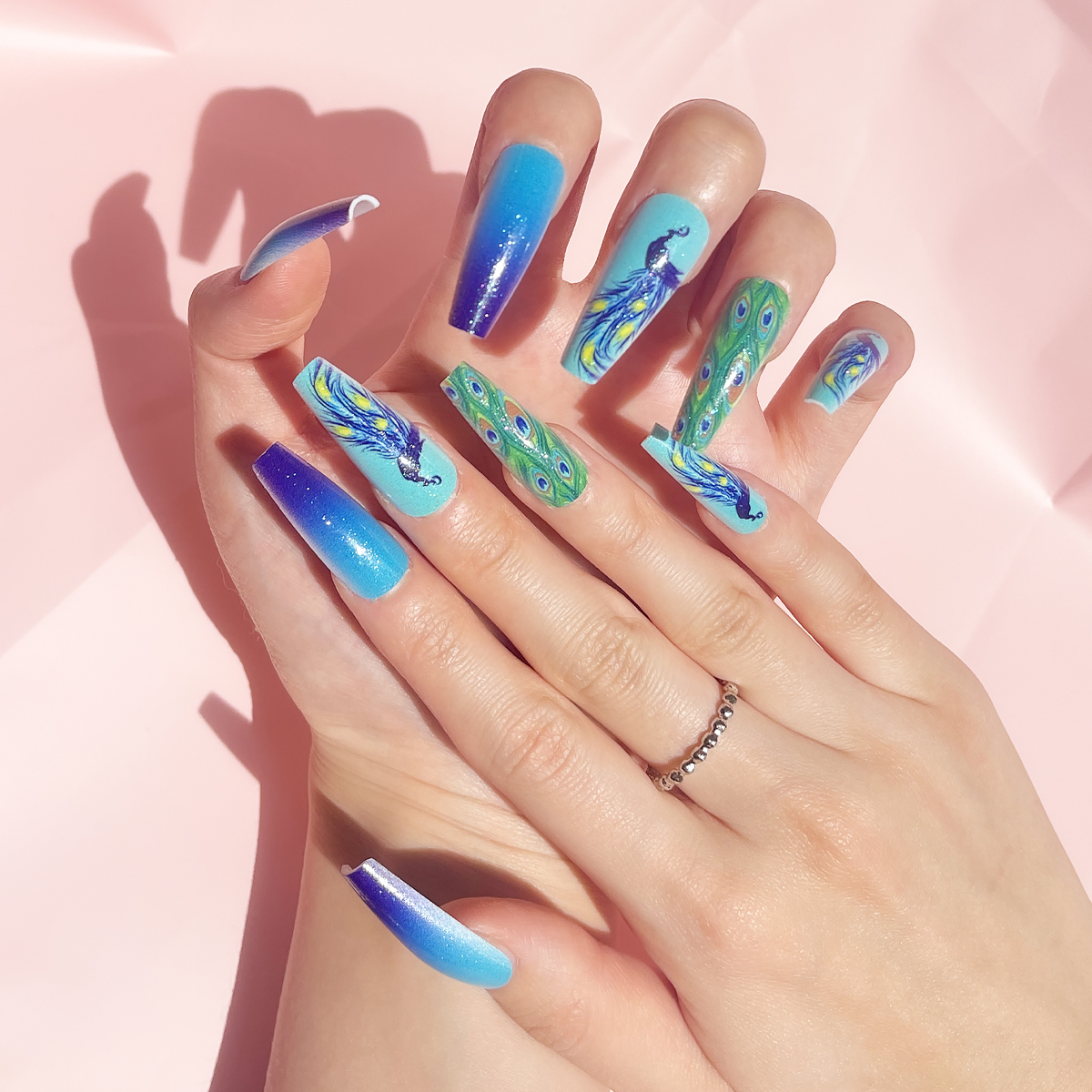 24 PCS PRESS ON NAIL TIPS LONG COFFIN SHAPE BLUE PEACOCK PATTERN details Picture
