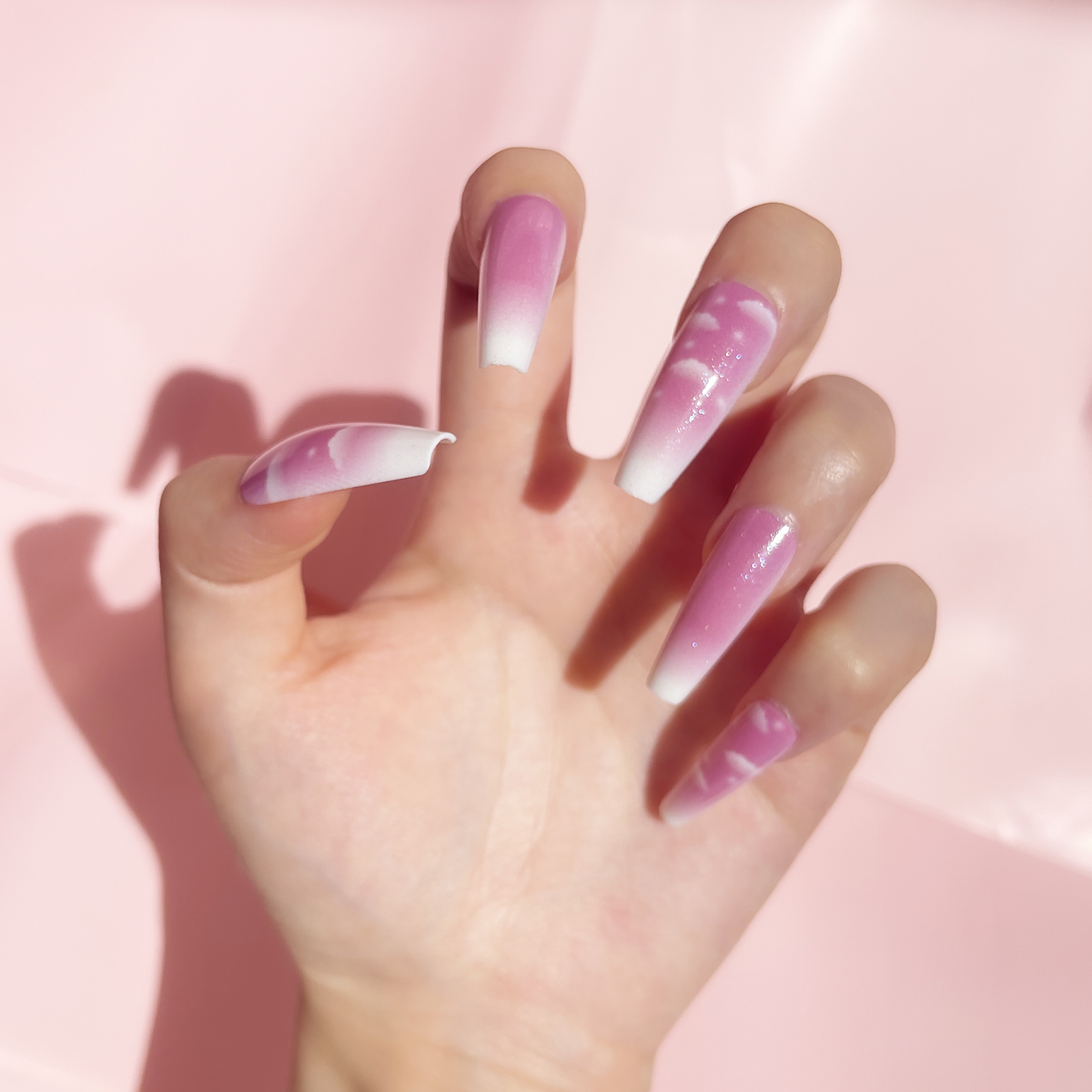 24 PCS PRESS ON NAIL TIPS LONG COFFIN SHAPE PINK AND CLOUD STYLE Specification drawing