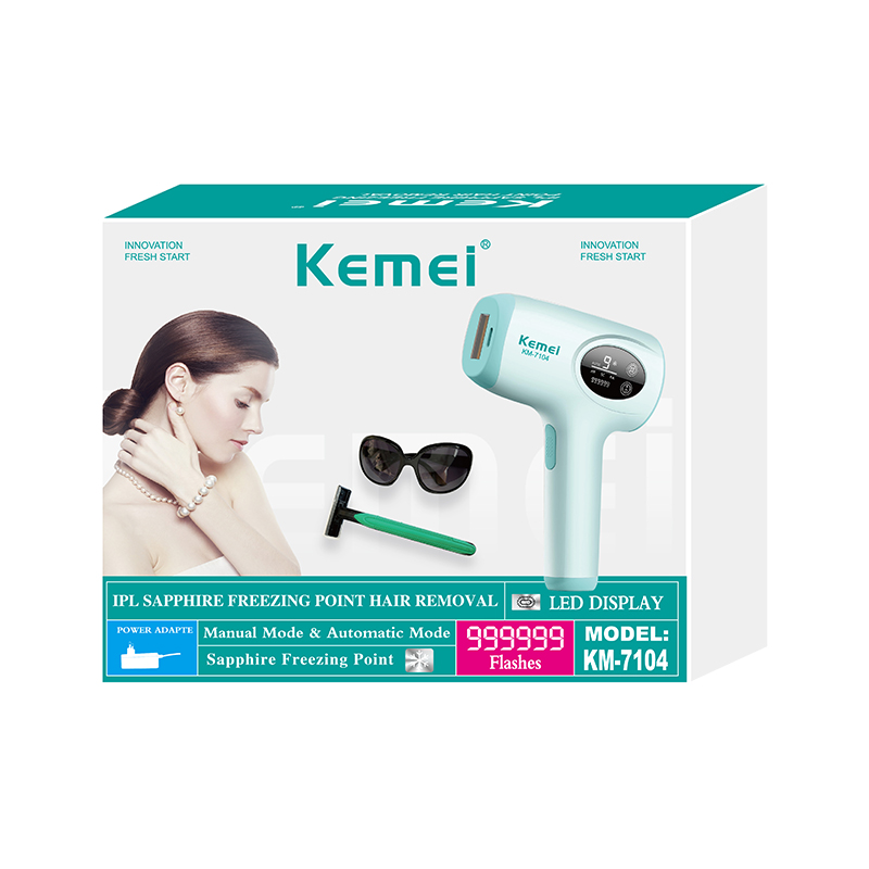 The Kemei Km-7104 Laser Hair Removal Device Comes With A Pair Of Glasses And A Razor. It Is A High-Energy, 9-Speed Adjustable Ice-Point Hair Removal Small Appliance And A Hair Removal Beauty Instrument Item Picture
