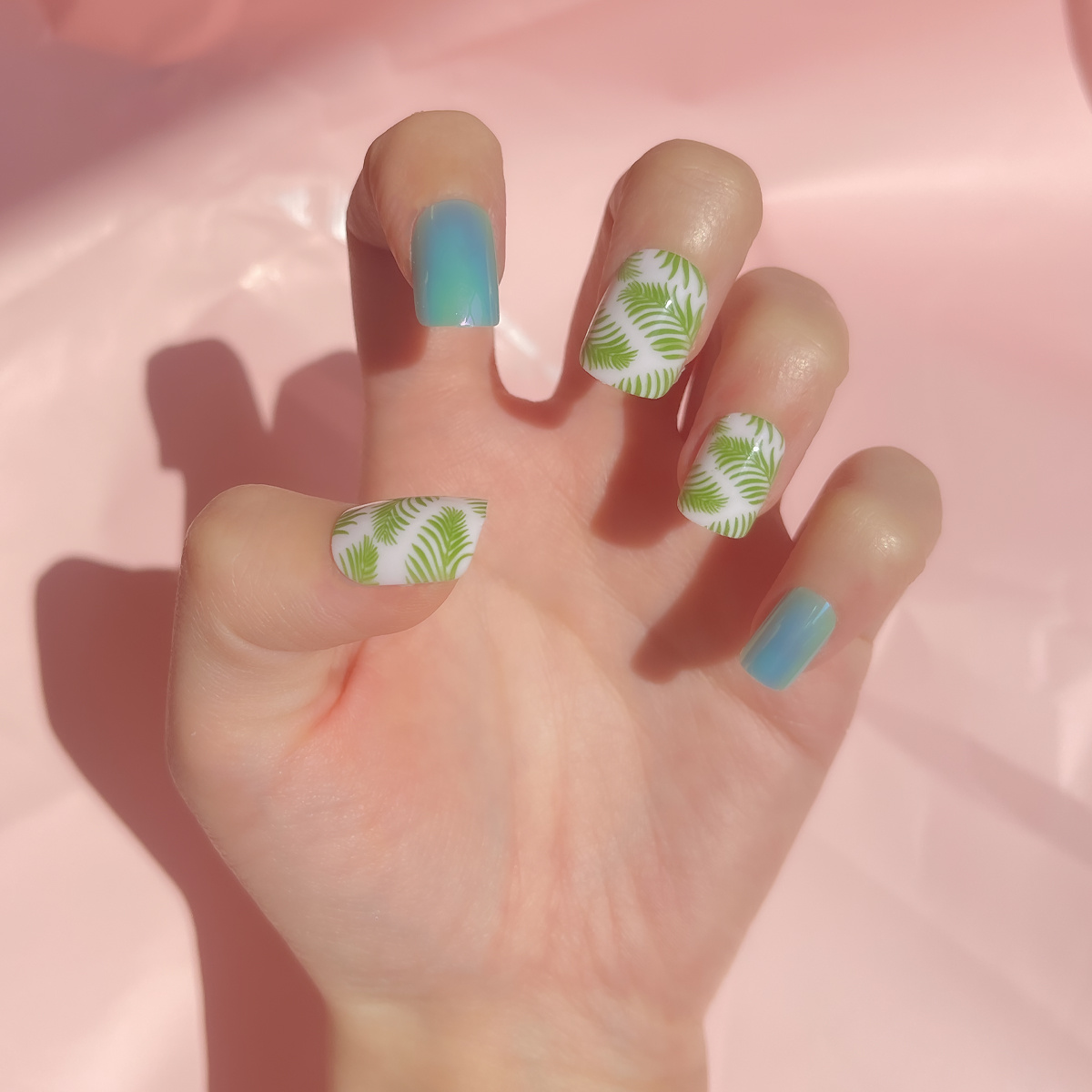 24 PCS PRESS ON NAIL TIPS SQUARE SHAPE GREEN LEAVES full figure