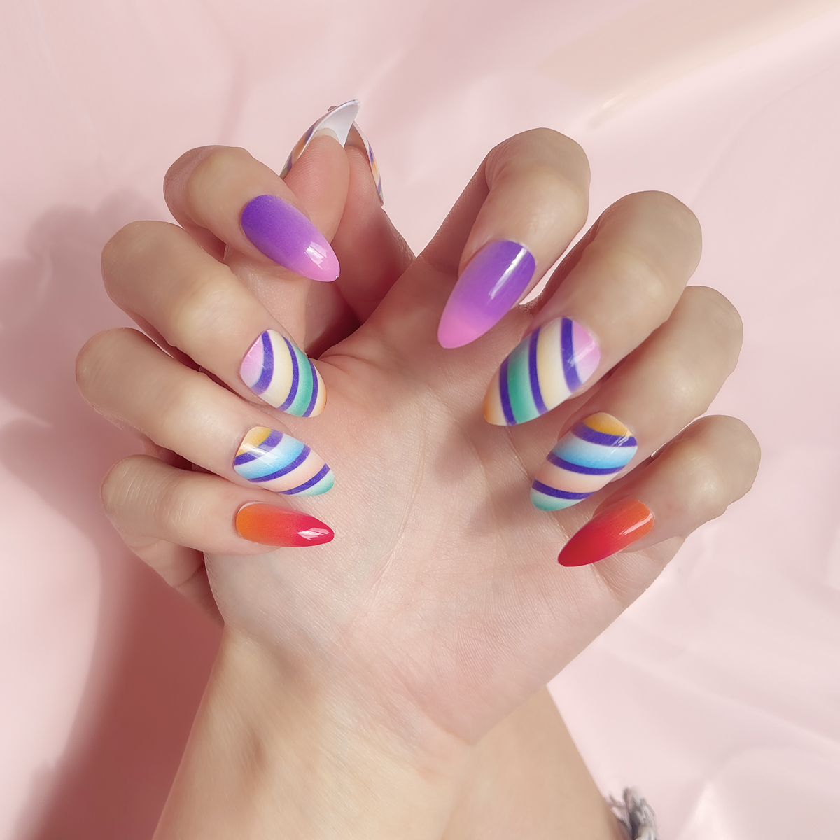 24 PCS PRESS ON NAIL TIPS ALMOND SHAPE MULTICOLORED STYLE full figure
