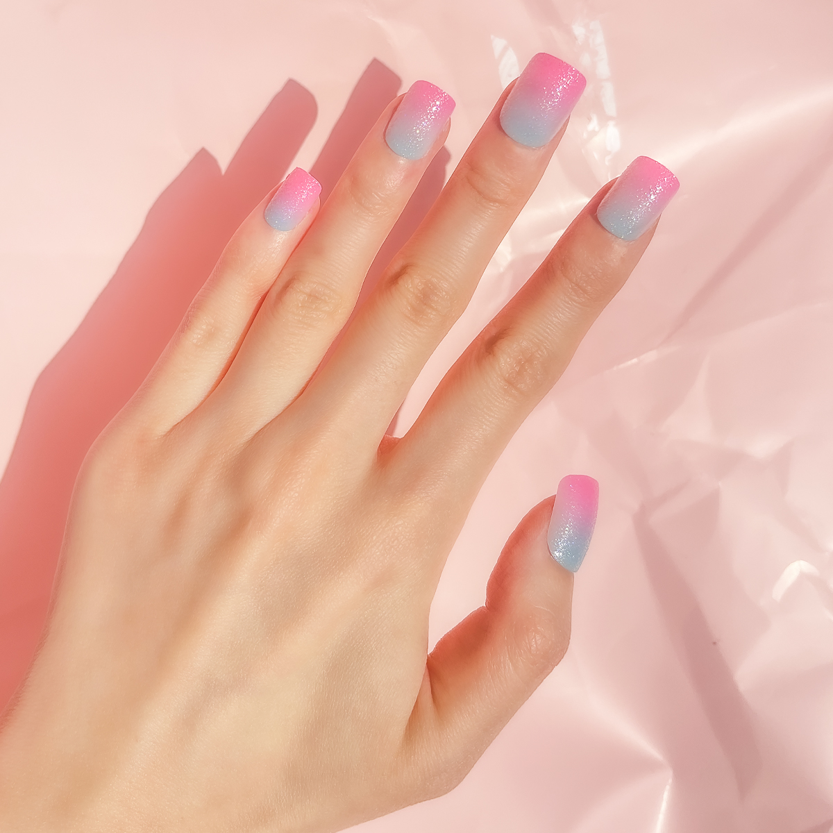 24 PCS PRESS ON NAIL TIPS SQUARE SHAPE BLUE AND PINK SHADING GLITTER EFFECT details Picture