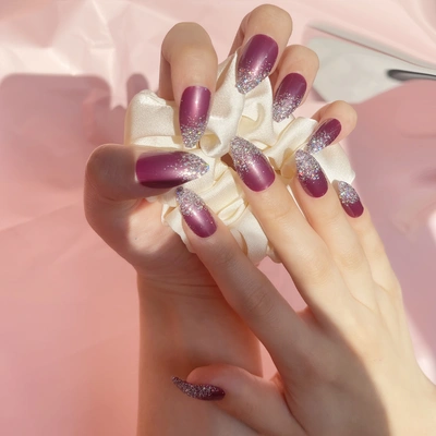 24 PCS PRESS ON NAILS STILETTO SHAPE PURPLE BACKGROUND AND SLIVERY GLITTER thumbnail