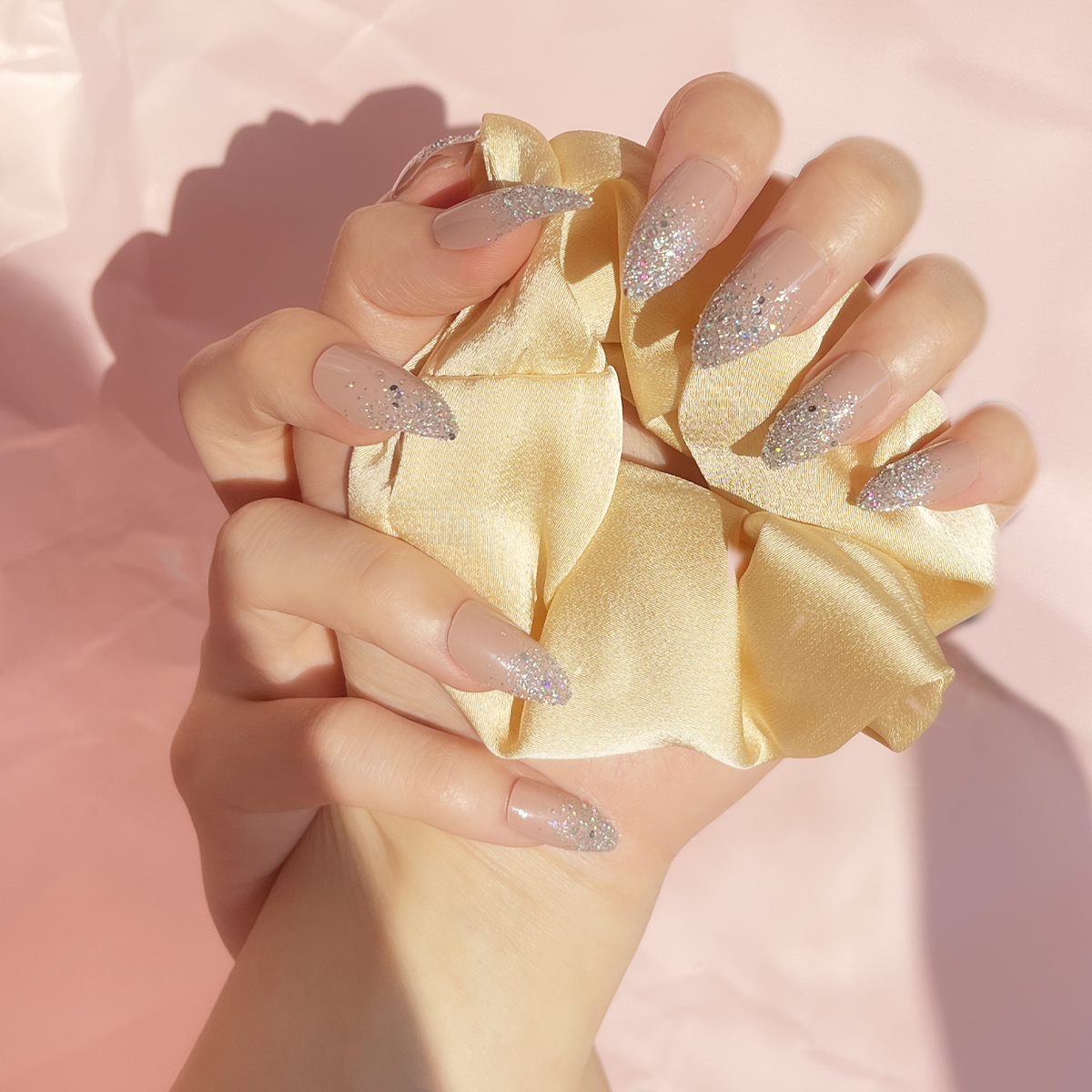 24 PCS PRESS ON NAIL TIPS STILETTO SHAPE NAKED COLOR WITH SLIVERT GLITTER details Picture