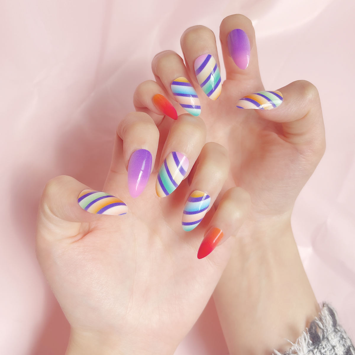24 PCS PRESS ON NAIL TIPS ALMOND SHAPE MULTICOLORED STYLE Specification drawing