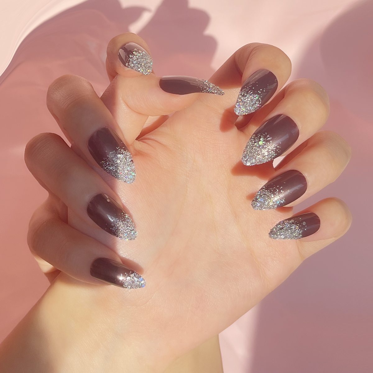 24 PCS PRESS ON NAIL TIPS STILETTO SHAPE BROWN BACKGROUND AND SLIVERY GLITTER details Picture